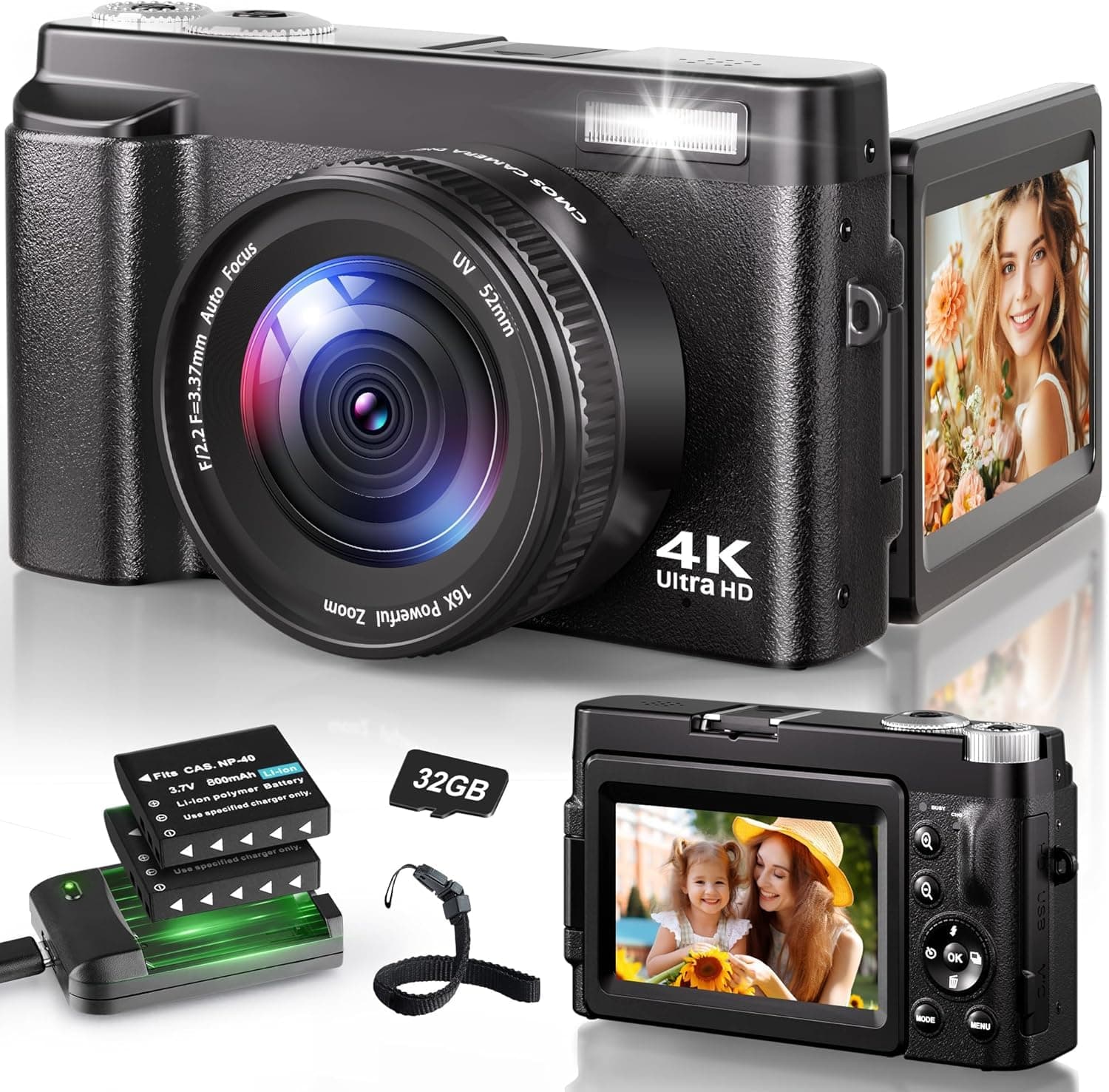 4K Digital Camera for Photography, 48MP Autofocus Vlogging Camera with 3'' 180°Flip Screen, 16X Digital Zoom, 2 Batteries & Charging Stand