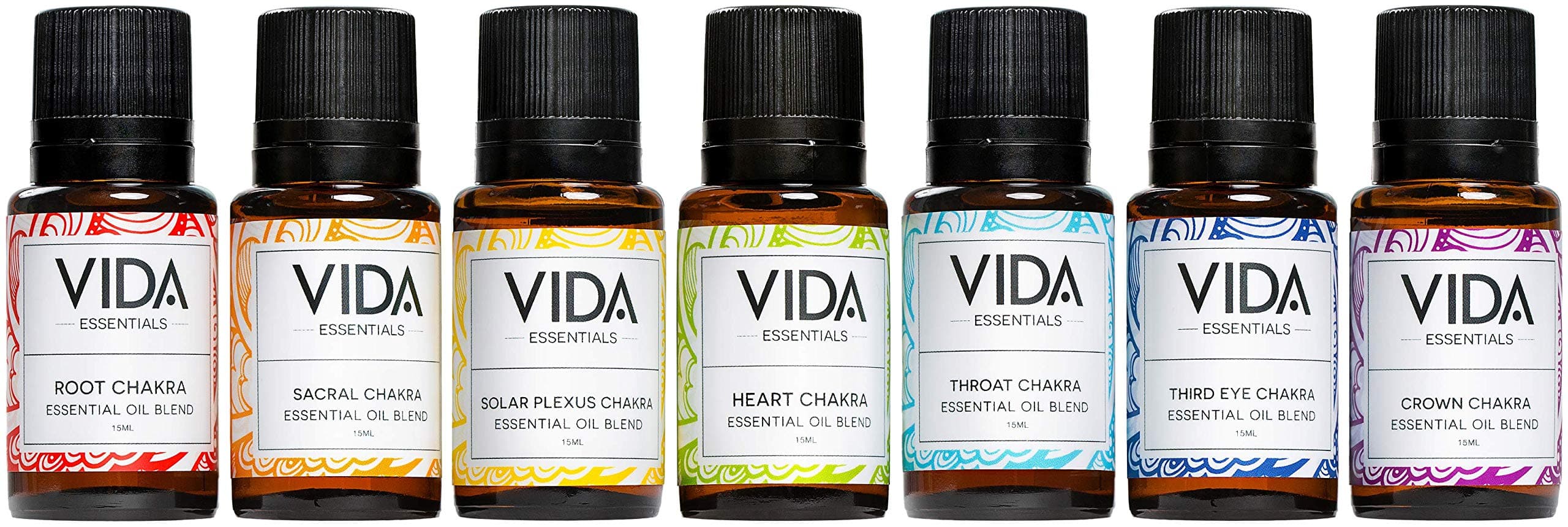 VIDA Essentials Pure and Natural Healing 7 Set Chakra Essential Oil Blends, 15 mL (0.5 oz). Relaxing Aromatherapy Perfect for Chakra Diffuser Bracelet, Chakra Necklace, Aroma Diffuser