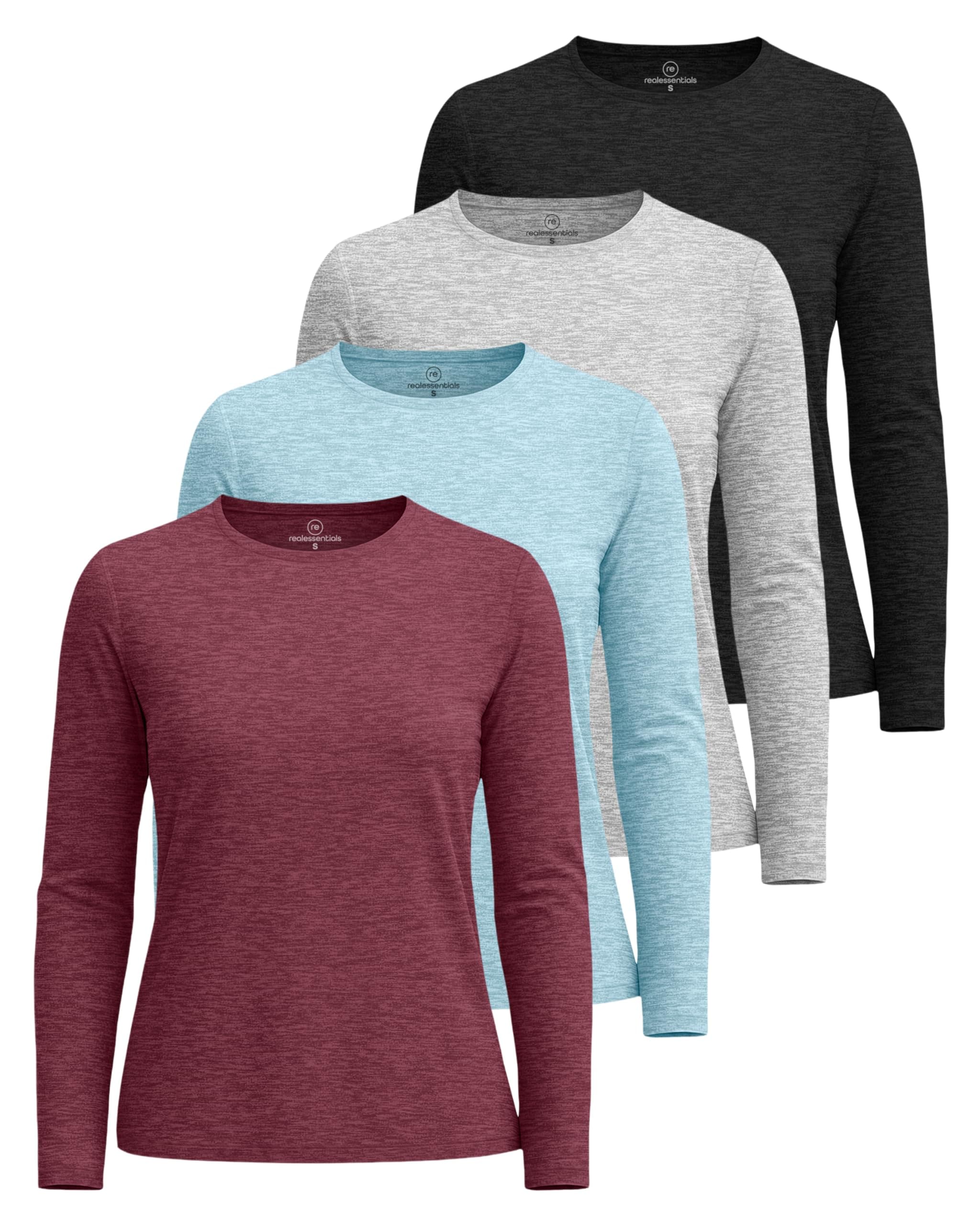 Real Essentials 4 Pack: Women's Dry-Fit Tech Stretch Long-Sleeve Athletic Workout T-Shirt (Available in Plus Size)