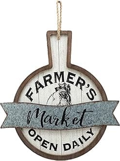 PARISLOFT Farmer's Market Open Daily Wood and Metal Circular Signs|Rustic Farmhouse Kitchen Wood Sign Plaque Wall Hanging Decor 17.75x0.5x19''