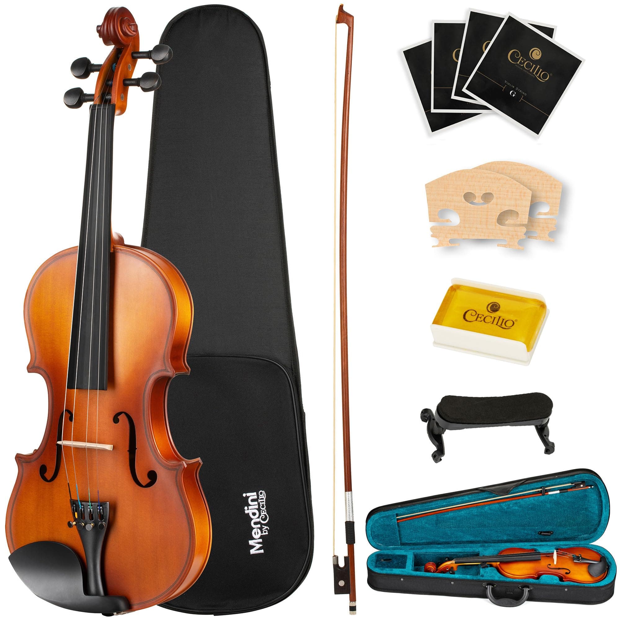 Violin 4/4 Full Size Kit For Beginners - Hand Carved Acoustic Violins Set - Fiddle Solid Wood Kit with Hard Case, Bow, Rosin, Shoulder Rest, Bridge and Extra Strings