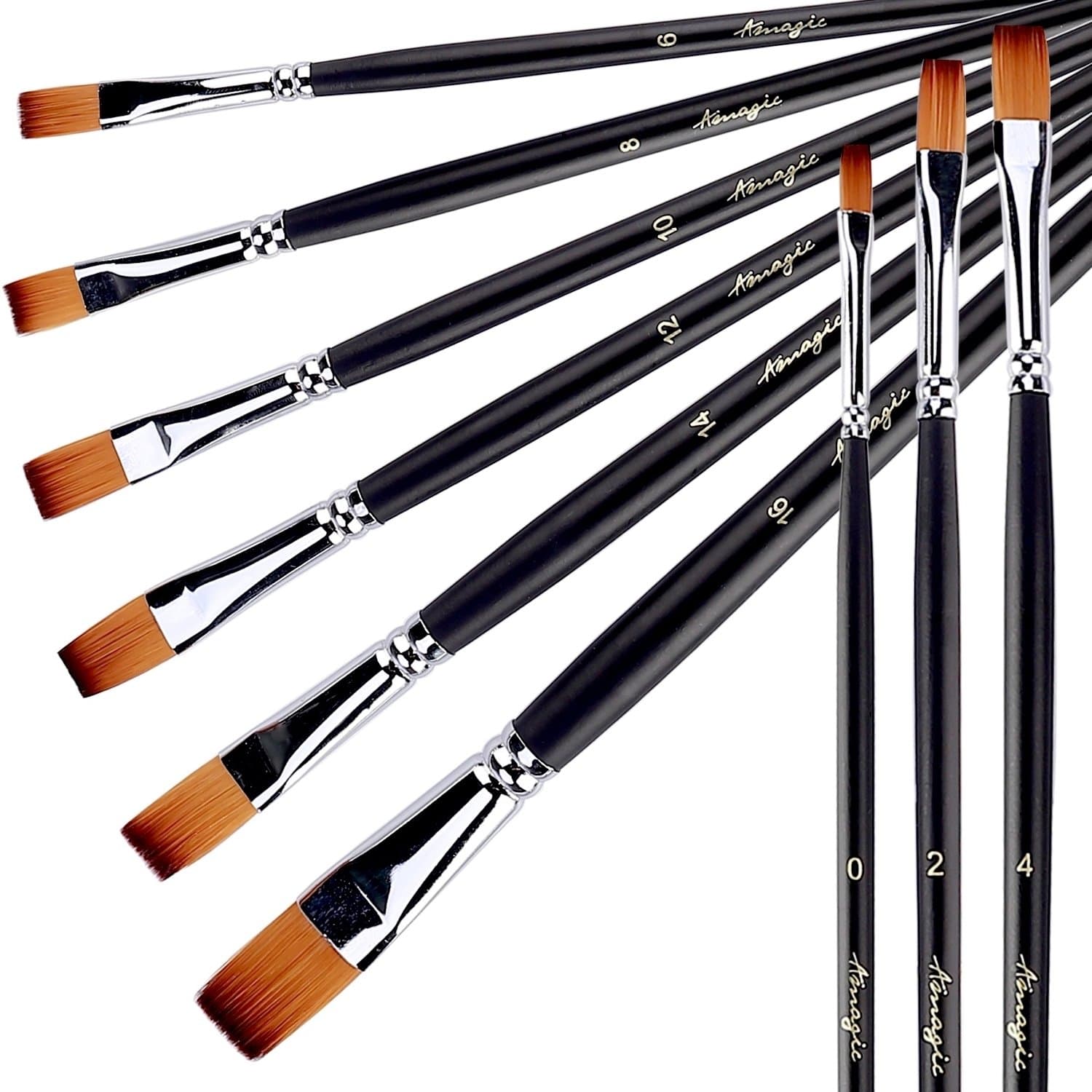 Amagic 9Pcs Flat Tipped Art Paintbrush Set with Storage Container - Anti-Shedding Synthetic Nylon with Long Handle - Paint Brush for Watercolor, Acrylics, Ink, Gouache, Oil, Tempera
