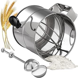 PIQUEBAR Flour Sifter - 8 Cup Fine Mesh Hand Crank Sifter Stainless Steel with Agitator Wire Loop for Baking, Powdered Sugar Duster Set