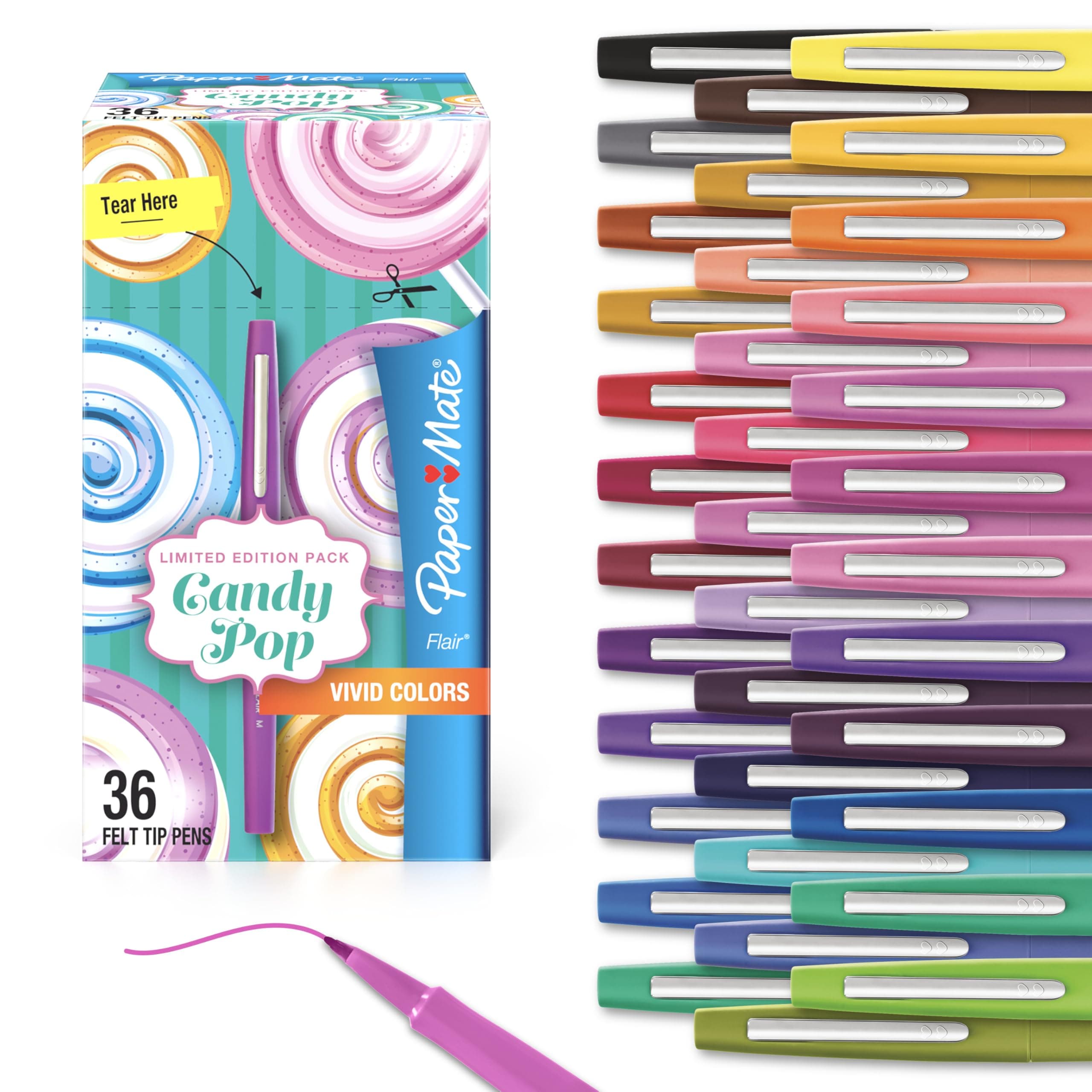 Flair Felt Tip Pens, Medium Point (0.7mm), Limited Edition Candy Pop Pack, 36 Count - Perfect for Teachers, Students, Expressive Writing, Drawing