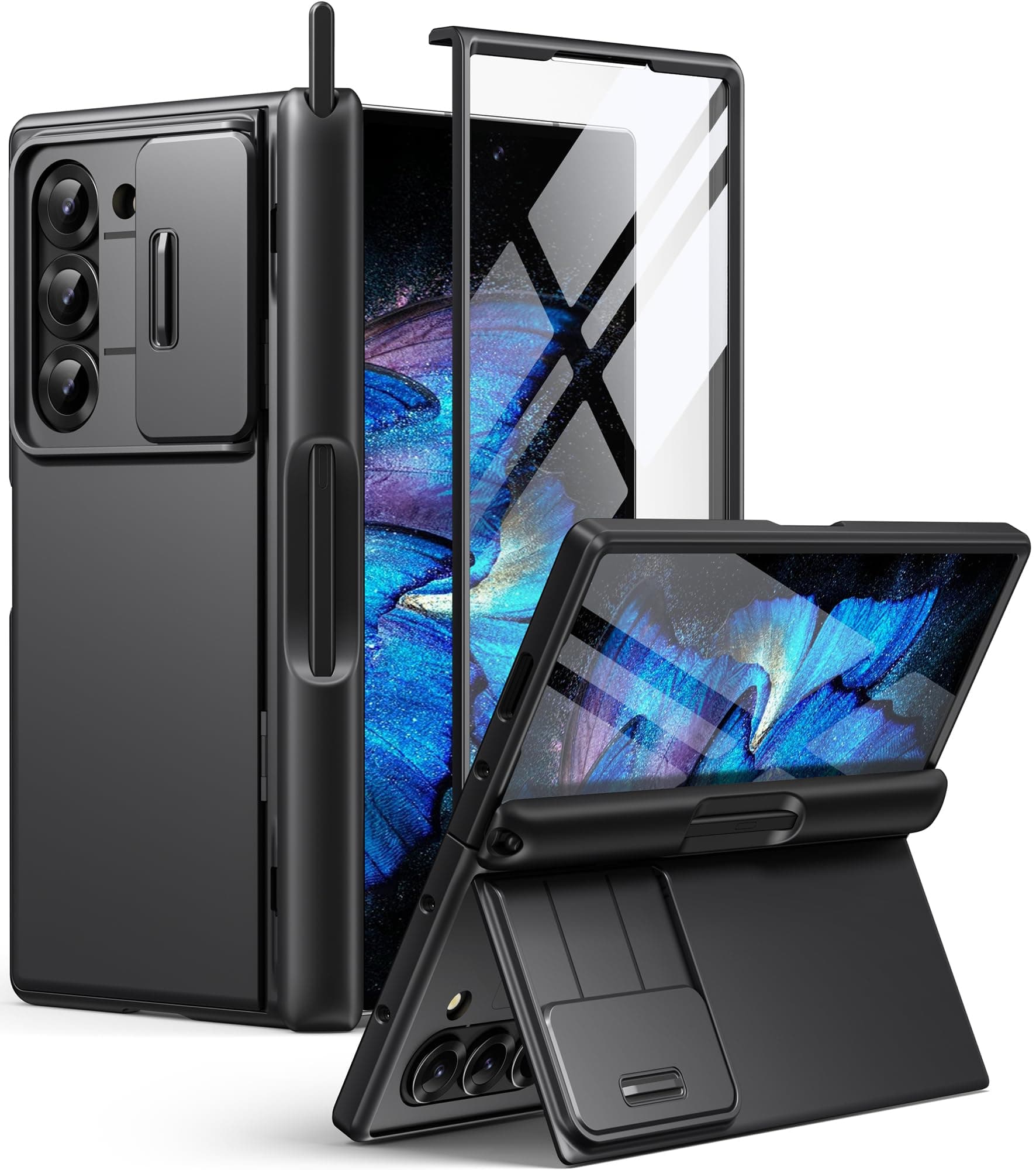 BERFY for Z Fold 6 Case with 9H Tempered Screen Protector, Built-in S Pen Holder, Slide Camera Cover, Hidden Kickstand, Full Body Shockproof Slim Phone Case for Samsung Galaxy Z Fold 6, Black