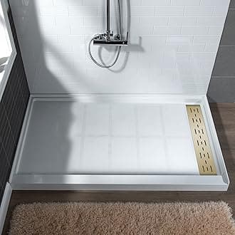 WOODBRIDGE 60"L x 34" W x 4"H Shower Base,Right Drain,Non-Slip Single Threshold Shower Pan, Solid Surface with Brushed Gold Linear Drain Cover