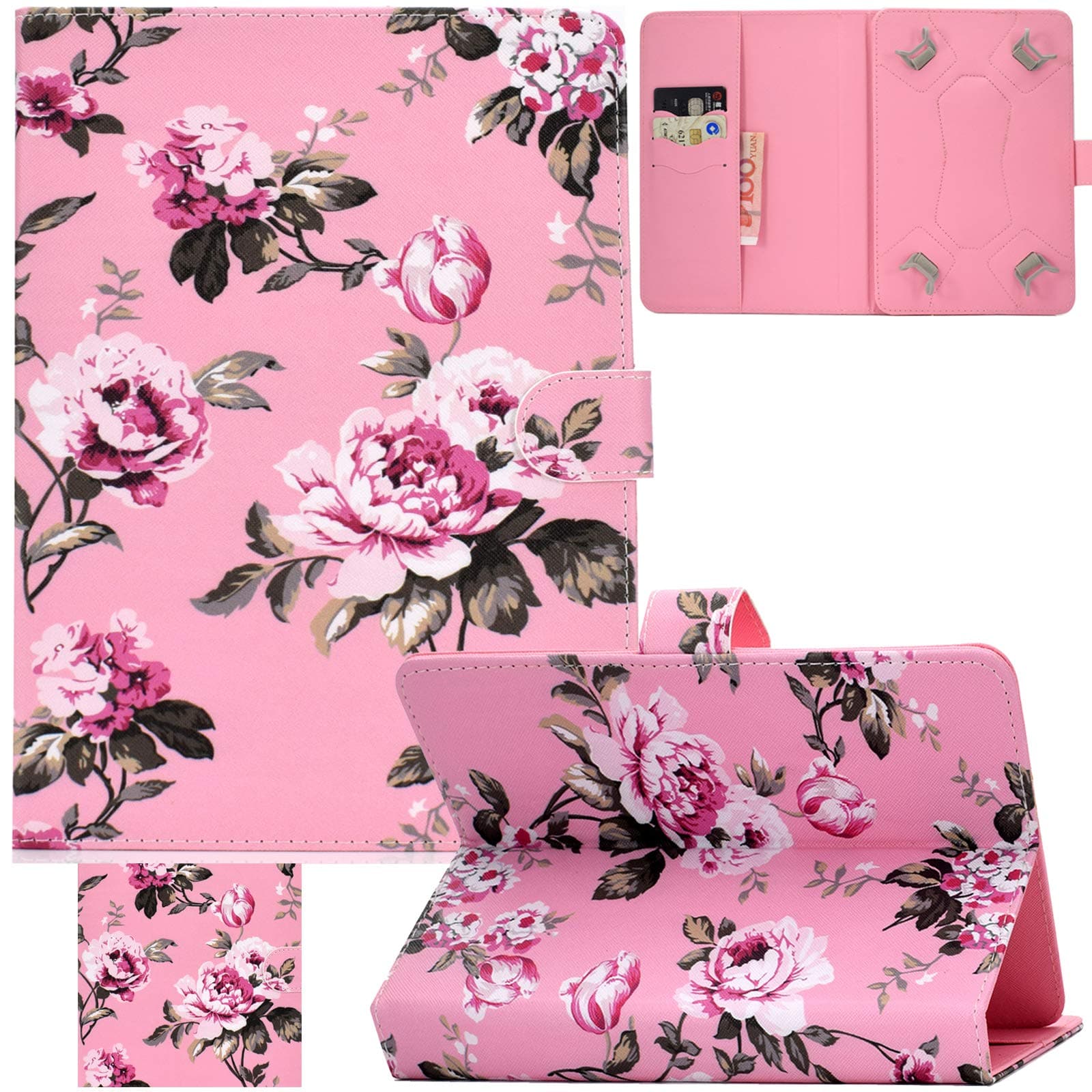 Universal 7.0 inch Tablet Case, Artyond PU Leather Folio Stand Card Slots Cover for Samsung Galaxy Tab E 7.0/ Tab A 7.0/ Fire 7.0 2015 2017/HDX 7 /Oasis 7 and More 7.0-7.5 inch Tablet (Pink Flower)
