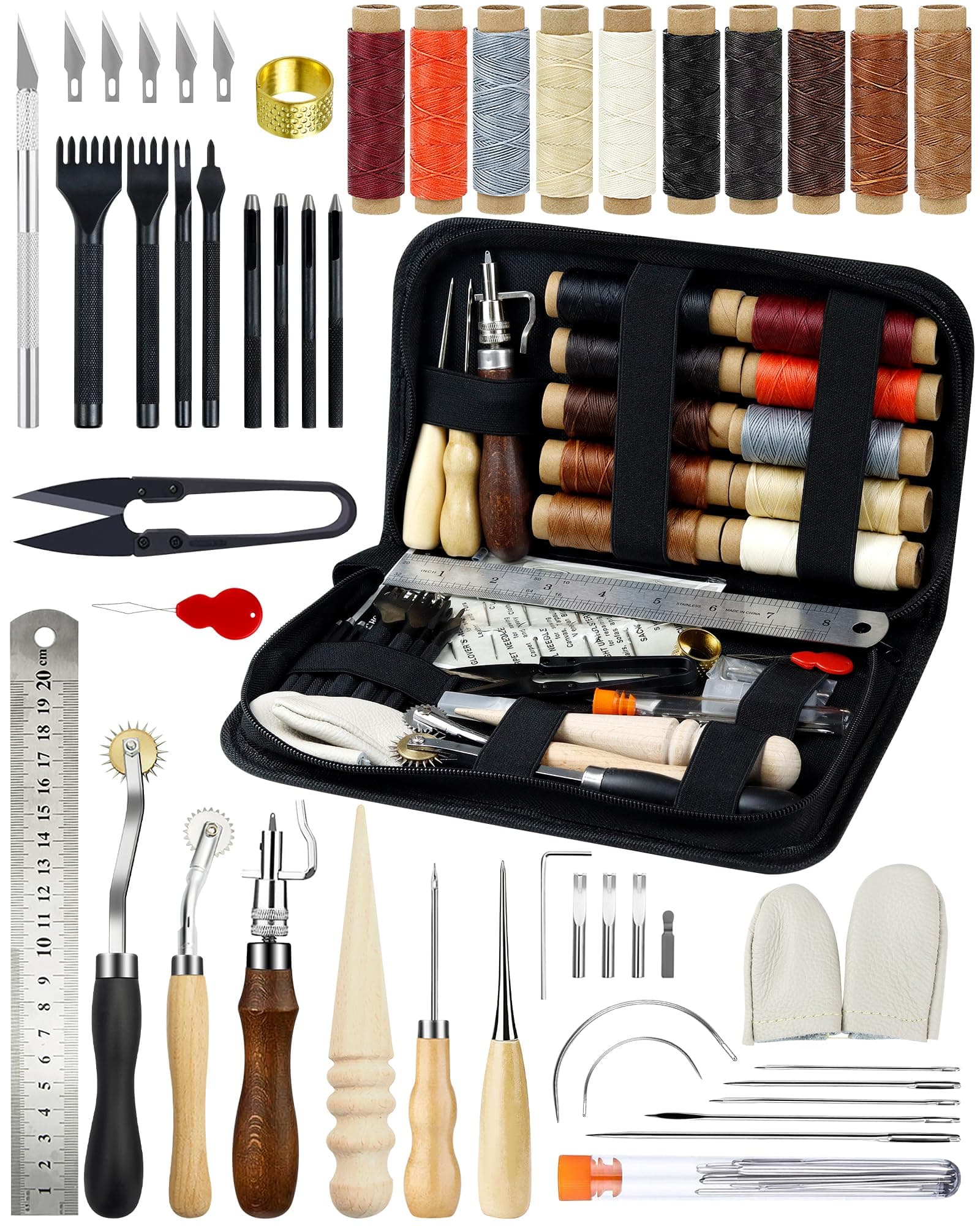 Leather Working Tools for Beginners: Professional Leather Craft Kit with Waxed Thread Groover Awl Stitching Punch for Leathercraft Adults Gifts