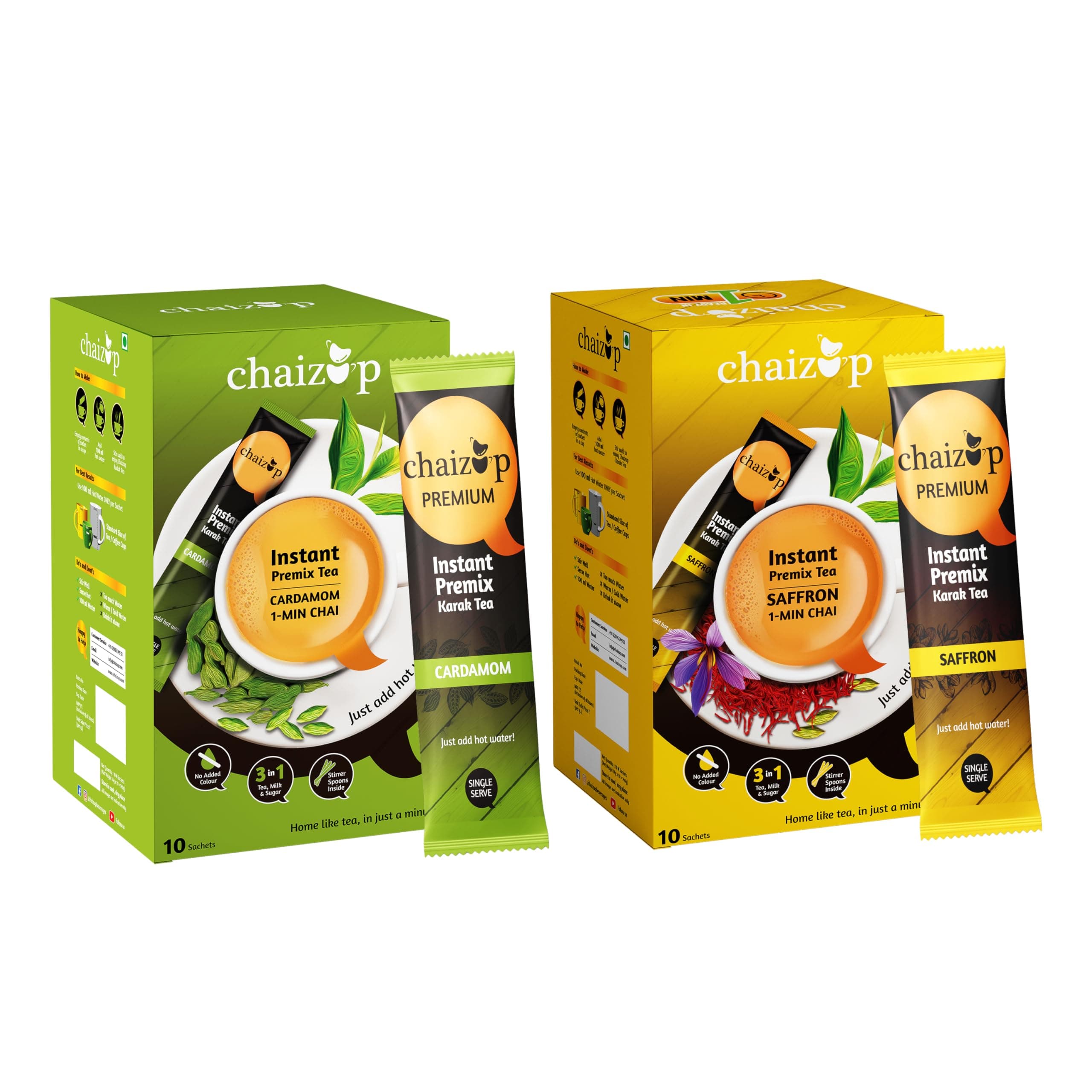 Chaizup Premium 1 Min Instant Assorted Tea Pack - 20 Sachets | Cardamom & Saffron Flavours | 20 Servings | 2 Packs (10 Flavours Each) | 280g