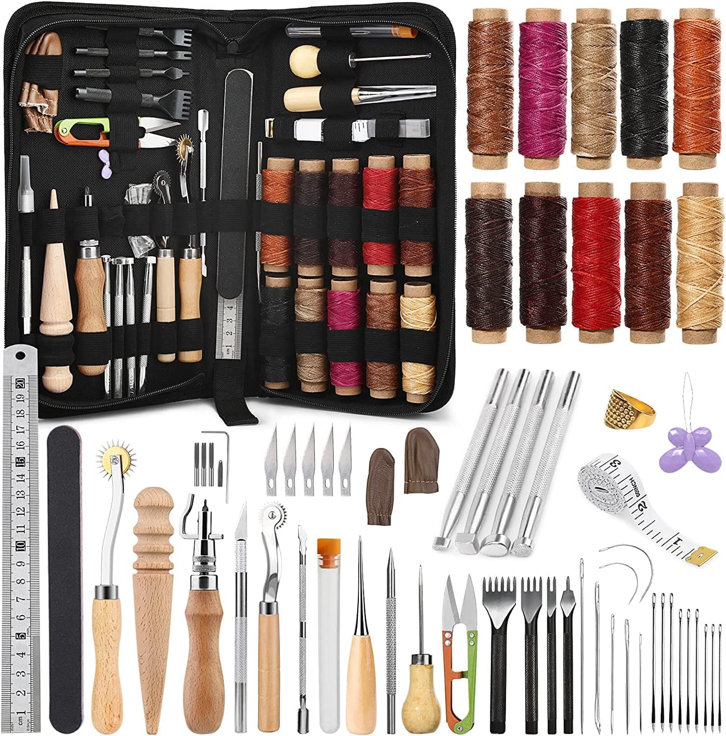 Jupean 60 Pcs Leather Working Tools Leather Sewing Kit Leather Craft Tools with Storage Bag Stamping Tools Stitching Groover Waxed Thread Prong Punch for Craft Making Stitching and Punching