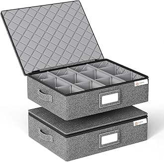 - Cup and Mug Storage Box with Hard Shell and Dividers for Coffee Mugs,Tea Cups and Glasses,Stackable Storage Organizers with Lid,Handles,Zips and Lable for Moving,Holds 12,2 Pack, Grey