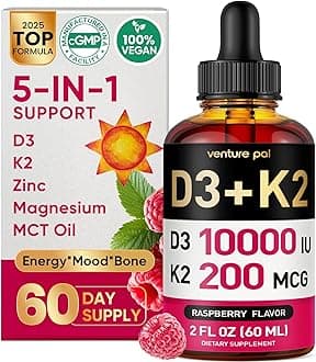 Venture Pal 5-in-1 Vitamin D3 10000 IU & K2 as MK-7 200mcg with Magnesium, MCT Oil, Zinc, Sugar-Free Vitamin D Liquid |Maximum Absorption for Bone, Mood & Immune Health - 2 FL OZ, 69 Days