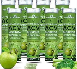 Nutrasium ACV Moringa Metabolism Plus | Apple Cider Vinegar Effervescent Tablet | For Supports Weight Loss, Control Cravings, Convert Fat Into Energy, Boost Energy & Immunity | 120 Tablets Green apple