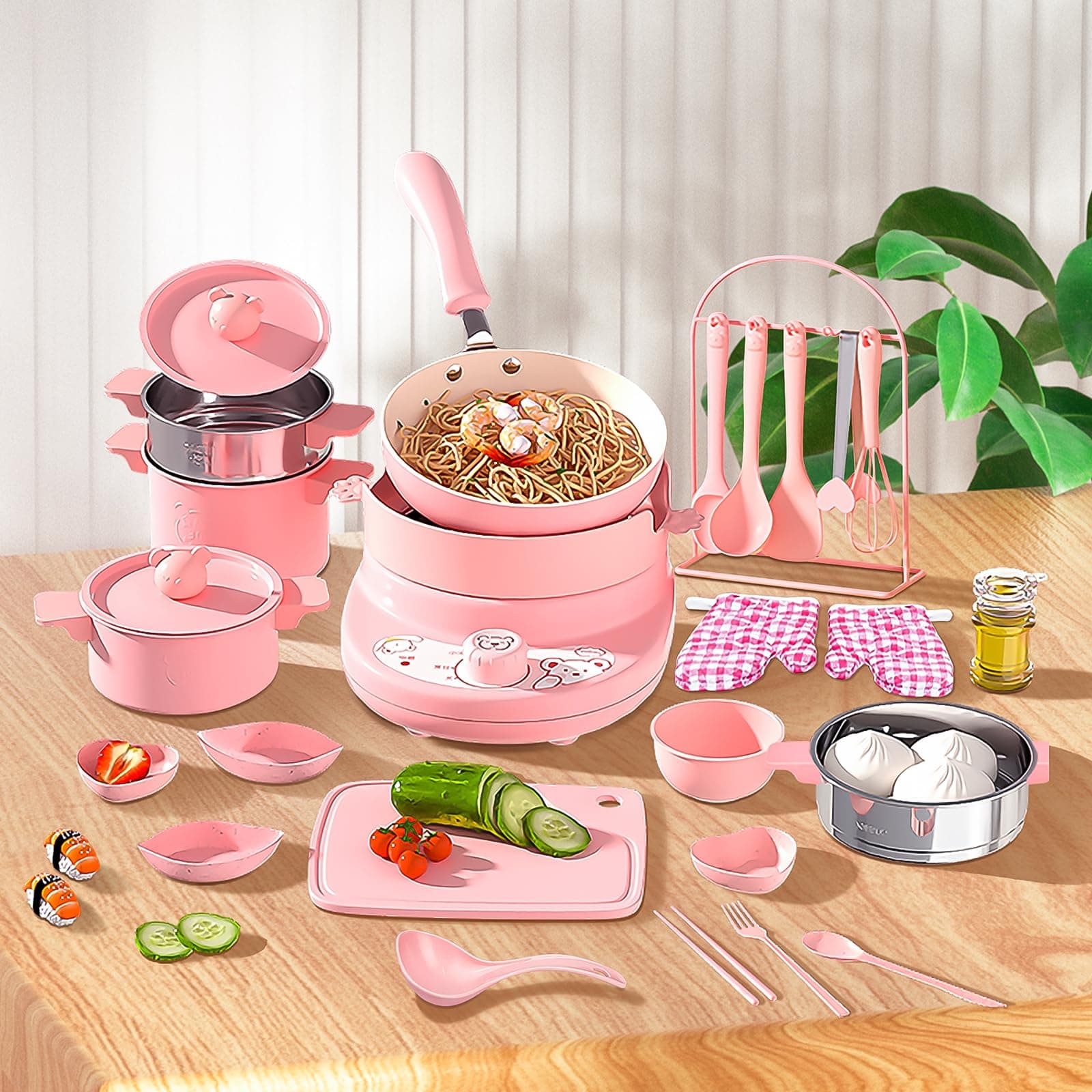 Kid Cooking Sets Real Junior Easy Montessori Mini Kitchen Safe Tools, Real Food Making for Children 8-12 Girls Beginner Cooking Educational Toys（Pink）