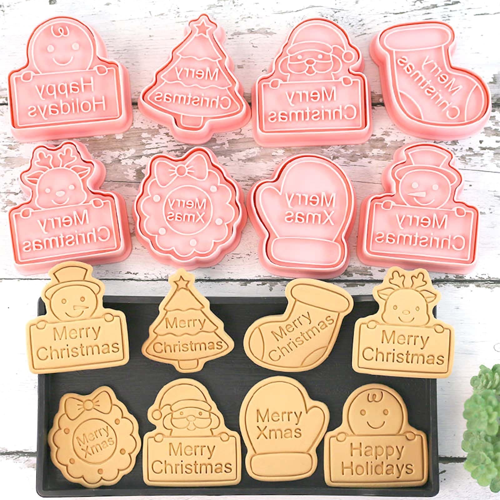 8 Piece Mini Cookie Cutters - 3D Raised Design Cookie Stamps, Mini Blessings, Snowman, Elk, Santa Baking Molds, Christmas Ornament Set