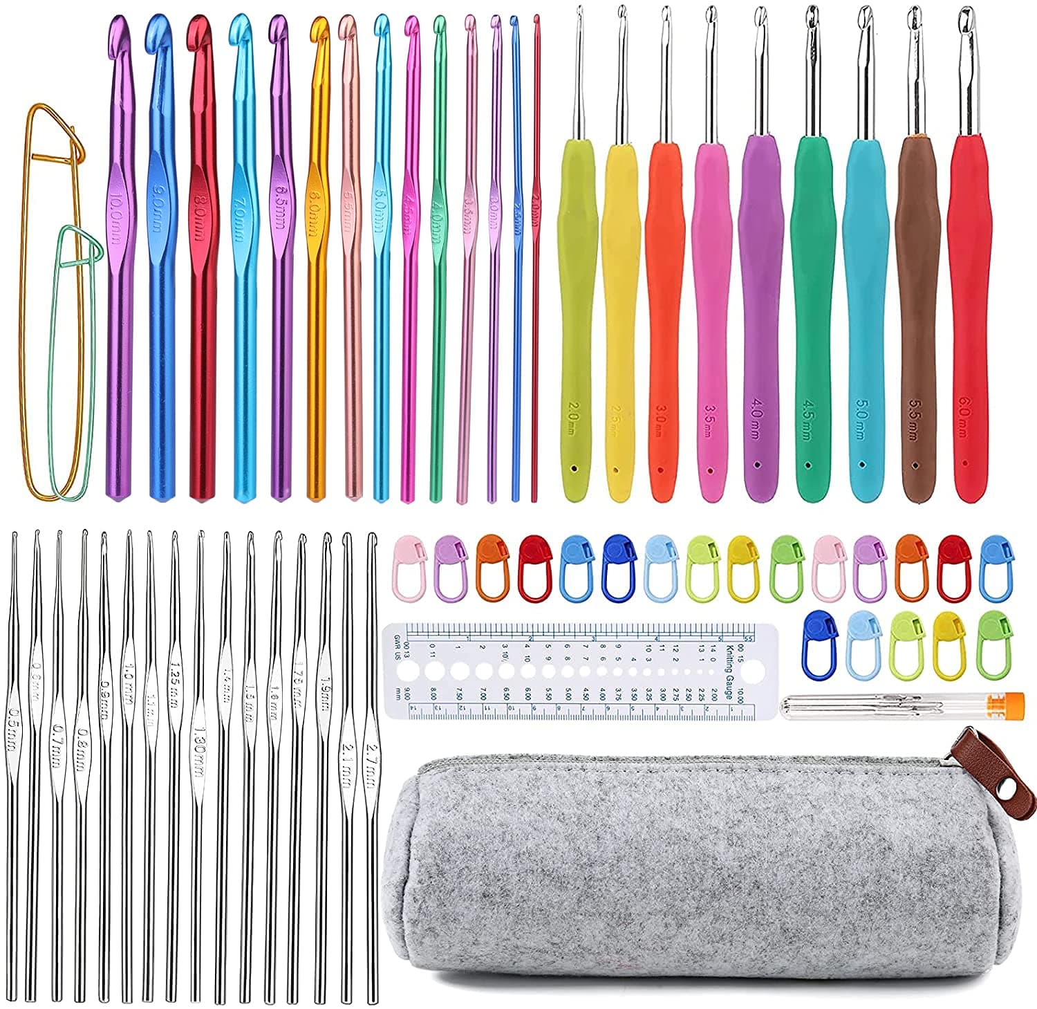 Mayboos 72 Pcs Crochet Hooks Set, Crochet Hooks Kit Plus Large Eye Blunt Needles Ergonomic Yarn Knitting Needles Marking Clips Tools Set with Crochet Needle Accessories