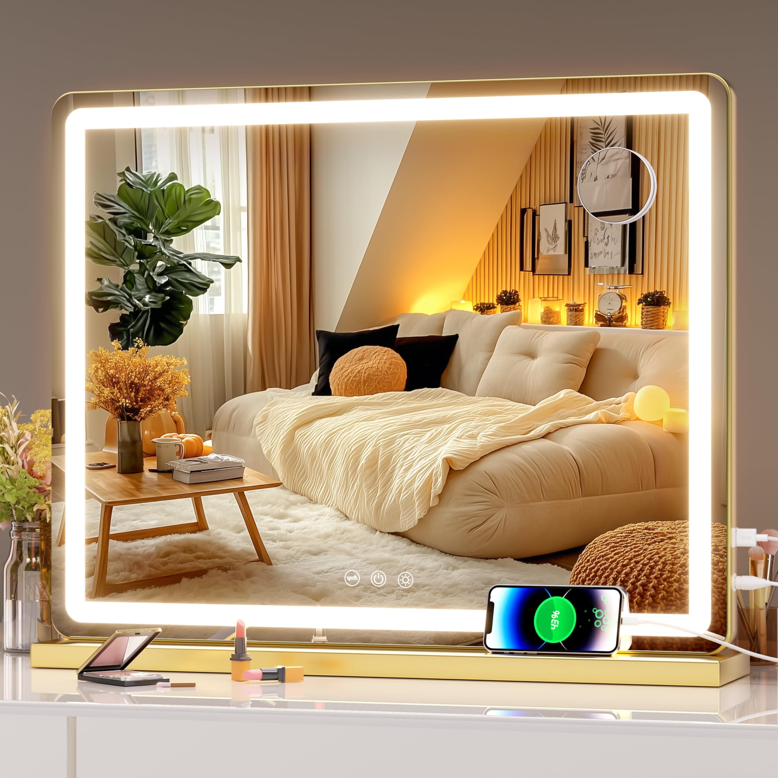 Hasipu Vanity Mirror with Lights, 22.8" x 18" LED Makeup Mirror, Lighted Makeup Mirror with Dimmable 3 Modes, Touch Screen Control Vanity Mirror Round Gold