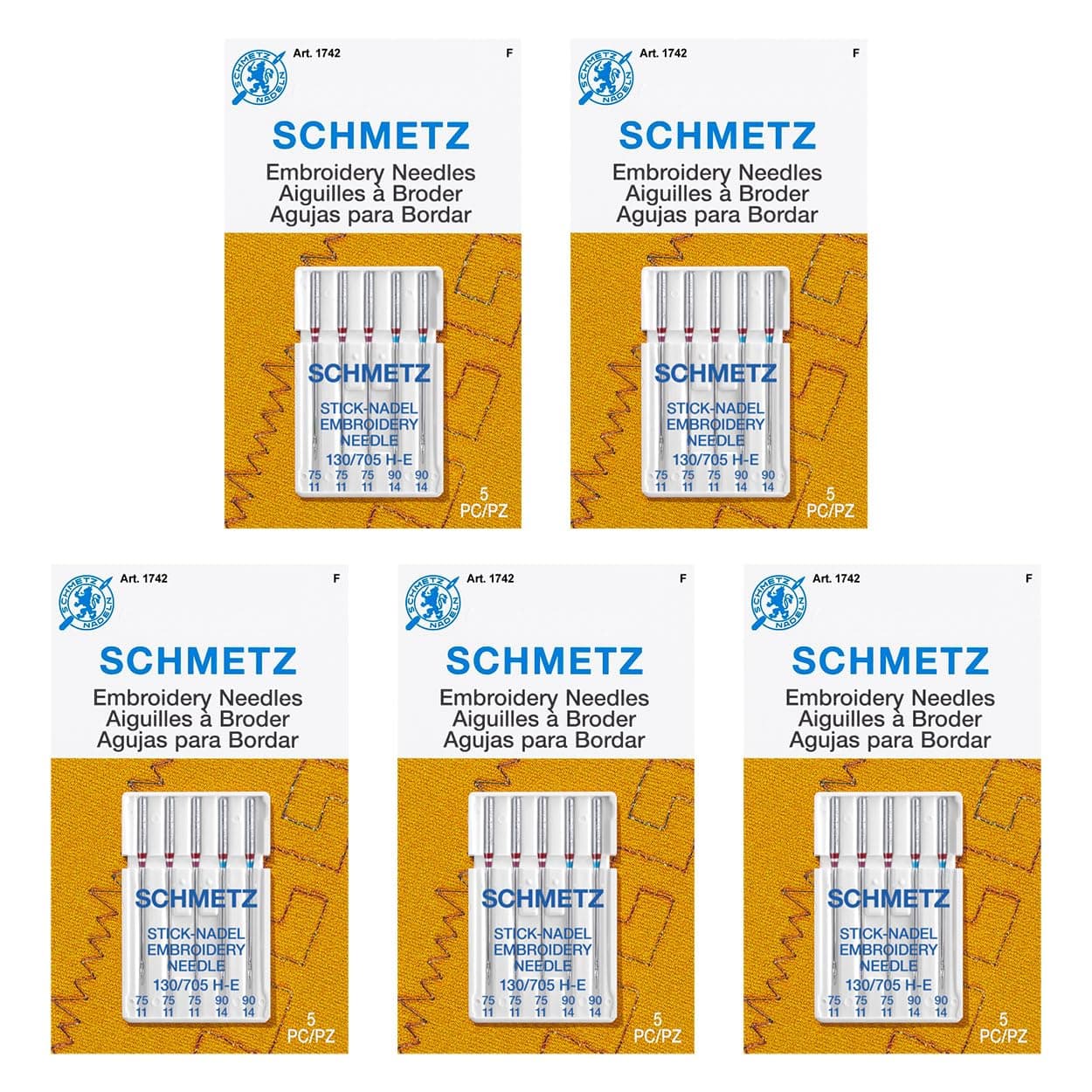 SCHMETZ Embroidery Sewing Machine Needles - Precision Needles, Assorted Sizes, 5- Needle Cards, Pack of 5
