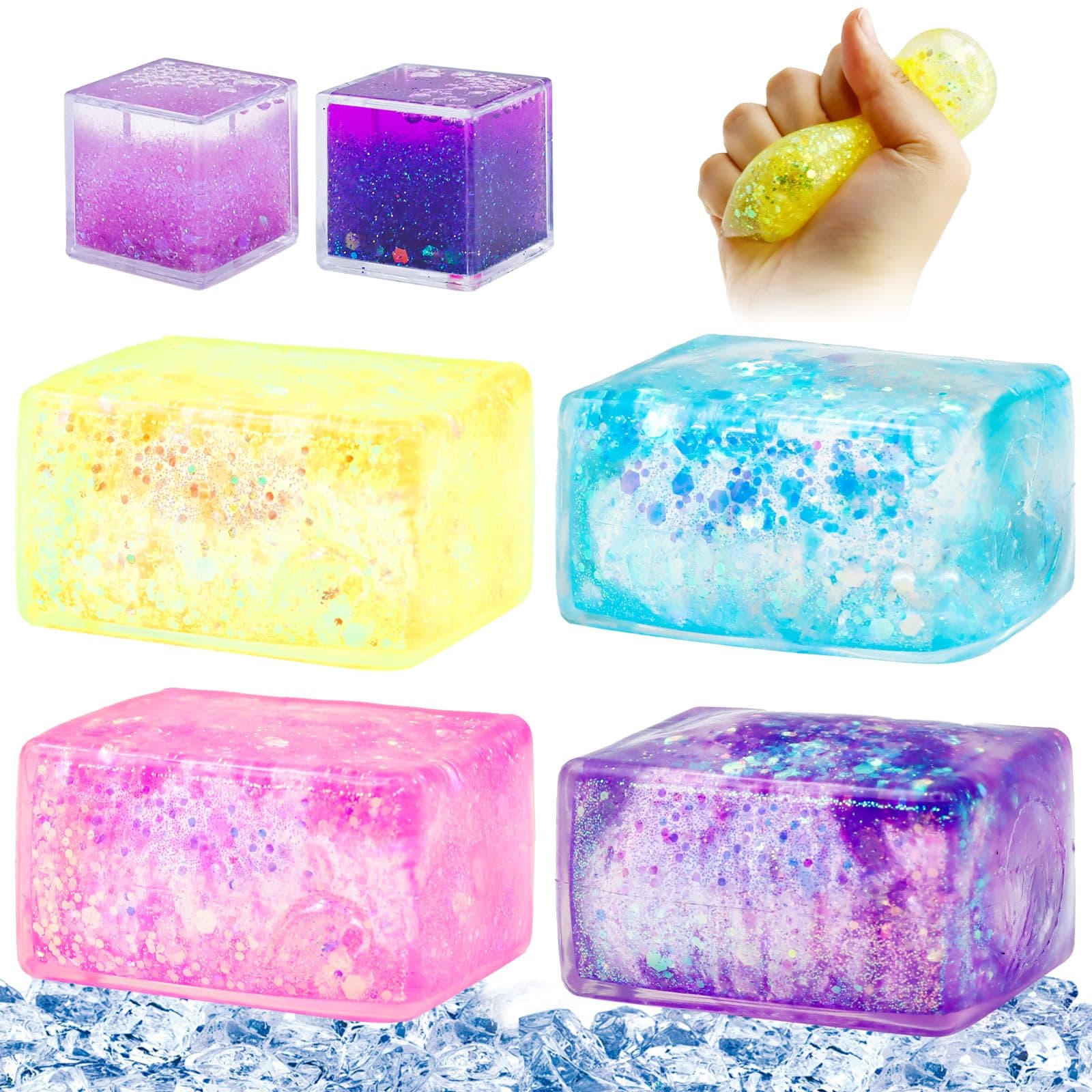 Scettar6 Pcs Ice Cube Sensory Balls, Nice Cube Stress Balls for Kids and Adults, Ice Cube Squeeze Fidget Toys, Enhances Grip Strength Squeeze Ball with Aurora Sequin, Stress Relief Sensory Toys