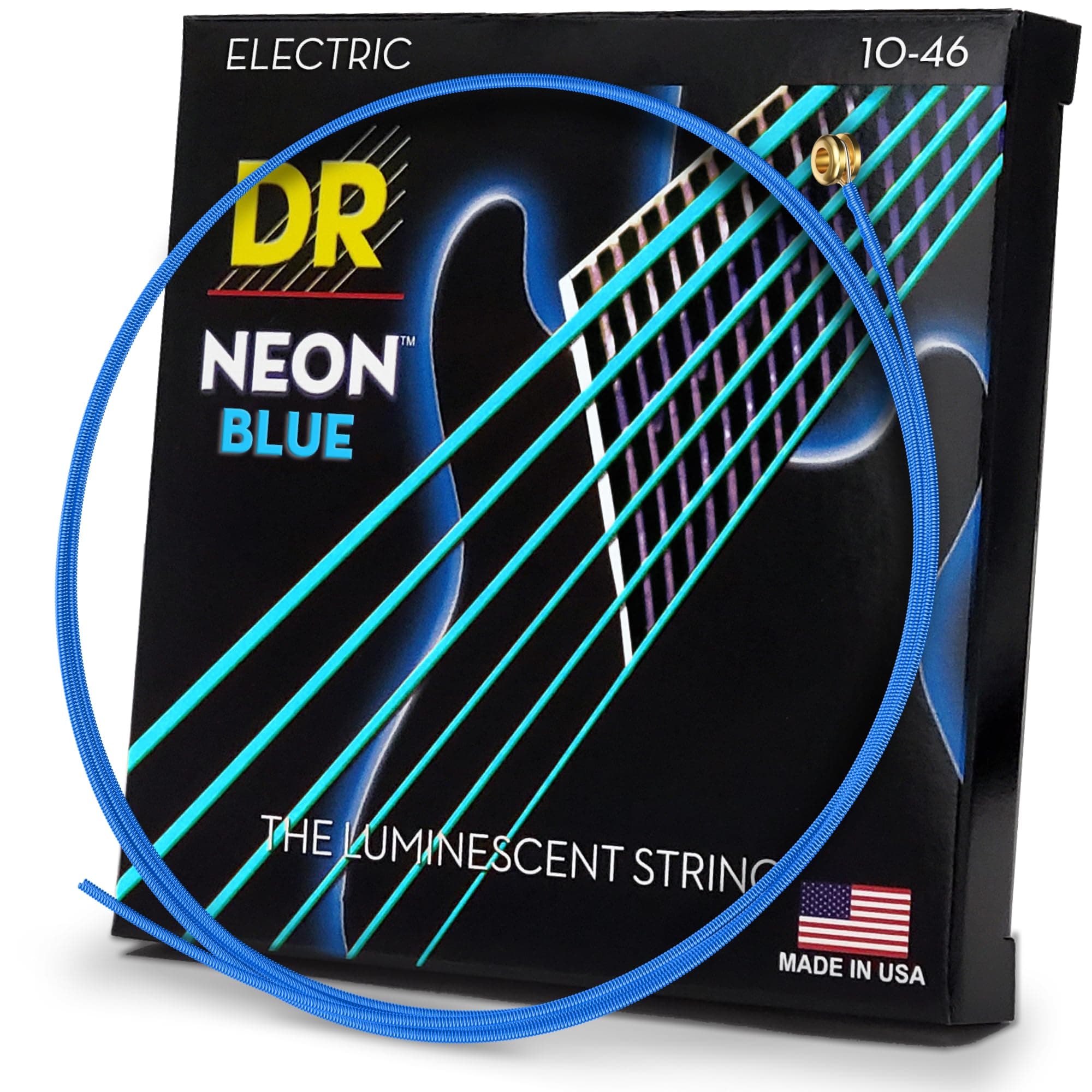 DR Strings NBE-10 Hi-Def Neon Blue Colored Electric Guitar Strings, Medium String, 10-46
