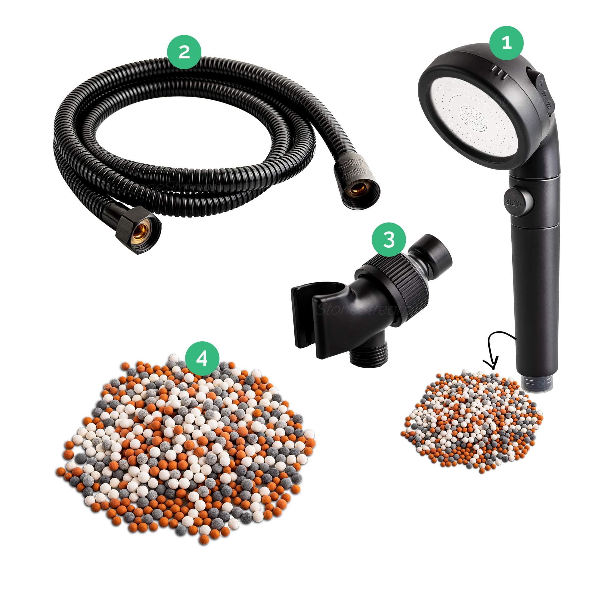 Original StoneStream® EcoPower Shower Head System — Spa Like Ionic Filter to Soften Water, Increase Pressure & Save Water — Multi Function Showerhead + 4-in-1 Wall Adapter Kit — Matte Black