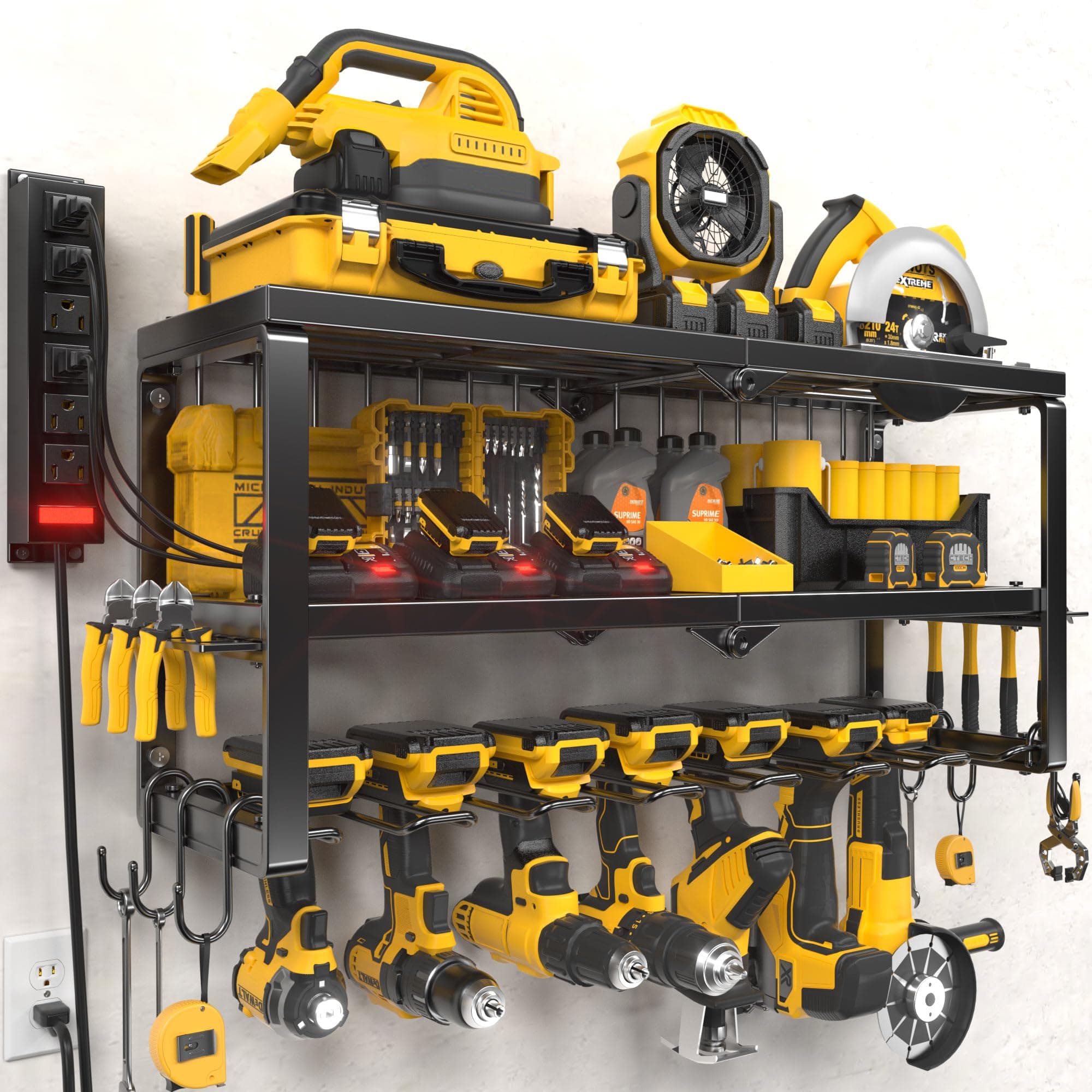 Power Tool Organizer Wall Mount with Charging Station, 8 Slots for Cordless Drill Hanger Storage, Tool Battery Holde with 4 Outlet Power Strip, Drill Holder Heavy Duty Garage Organizers