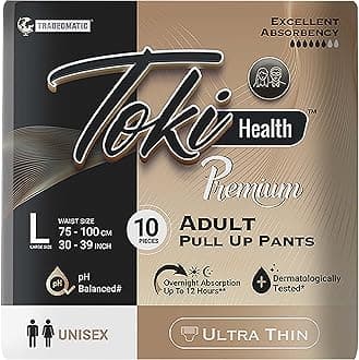TokiHealth Ultra Thin Premium Adult Diapers Pants Pull up Style | Unisex with Advanced Odor Control and Dermatologically Tested | Large (L) - Waist Size 30 to 39 inches (75-100cm) | 10 Units