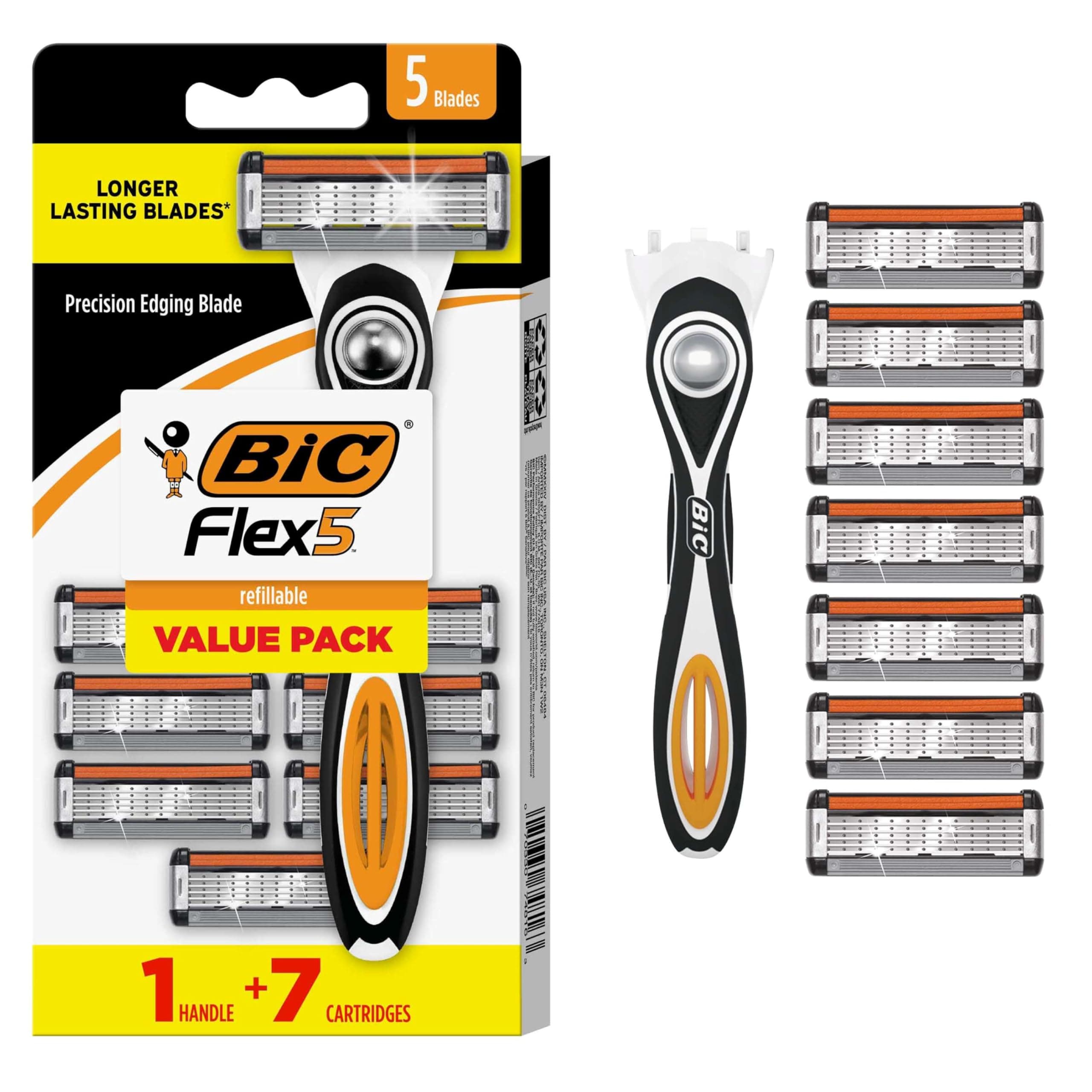 BIC Flex 5 Men's Refillable 5-Blade Razors with 1 Handle and 7 Cartridges, Smooth Shave Gift for Men