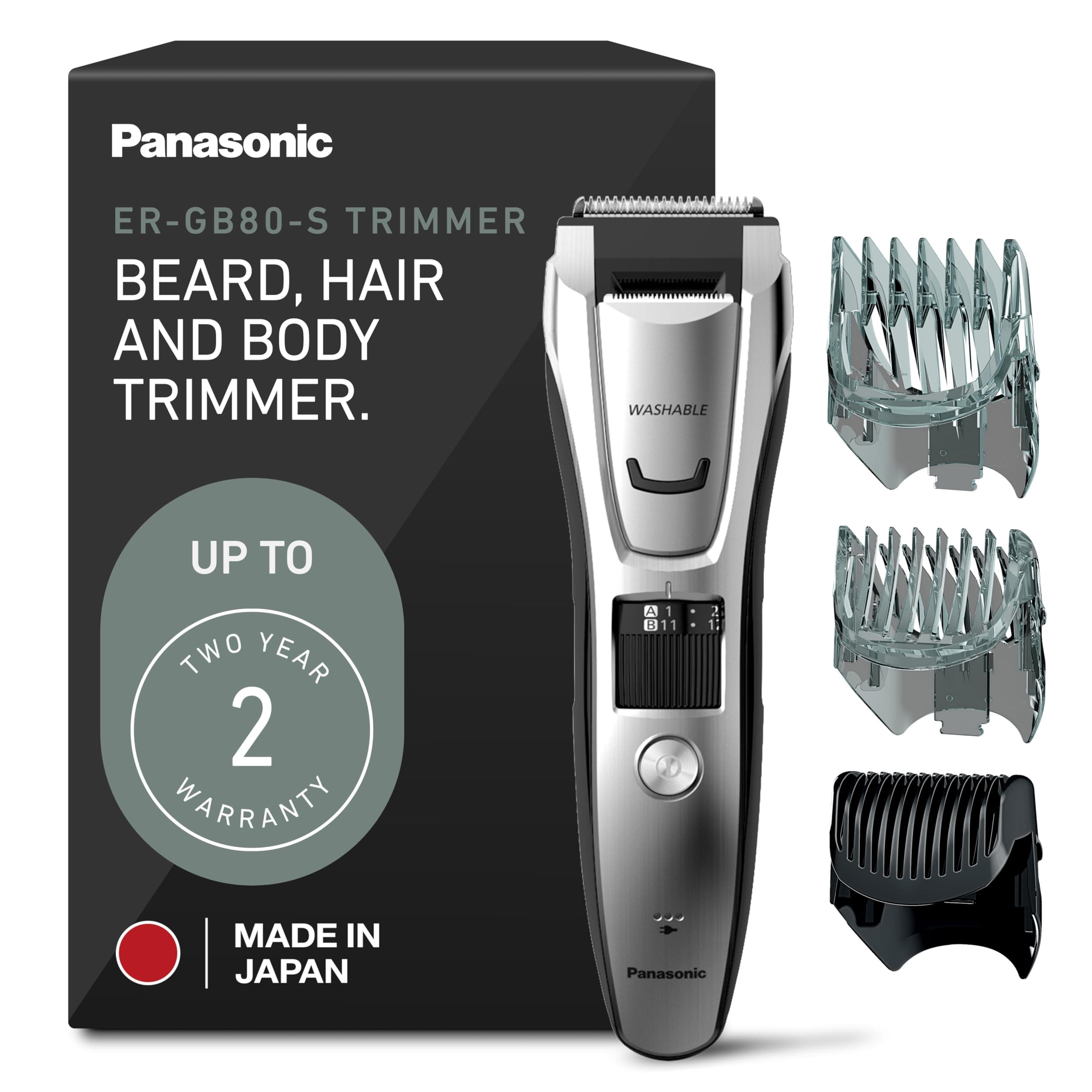 Panasonic ER-GB80-S Body and Beard Trimmer, Hair Clipper, Men's, Cordless/Corded Operation with 3 Comb Attachments and and 39 Adjustable Trim Settings, Washable