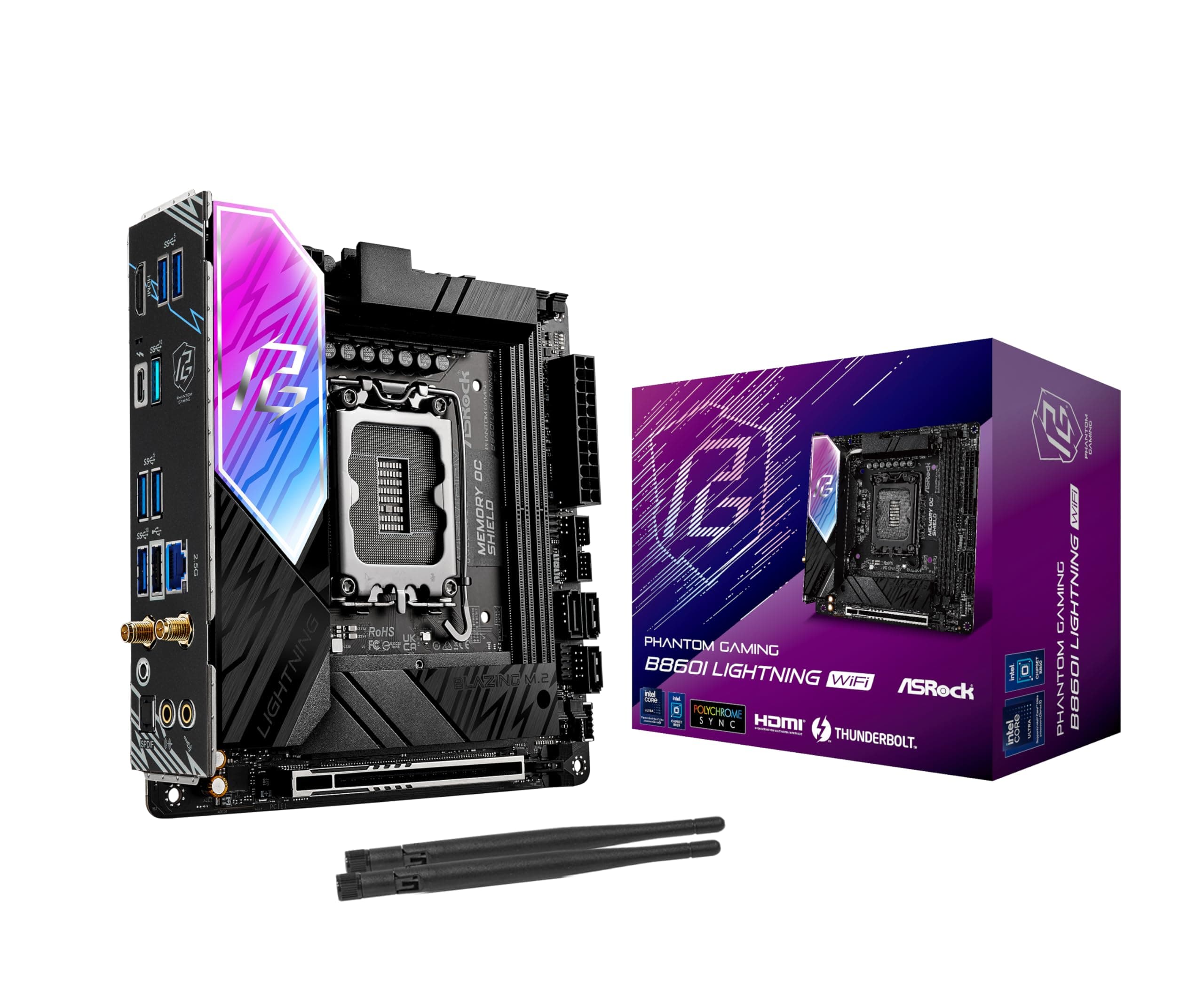 ASRock Phantom Gaming B860I Lightning WiFi 6E Intel Core Ultra B860 LGA1851 DDR5 9333 MHz 128GB M.2 Mini ITX Motherboard Thunderbolt SATA3 6.0 Gb/s PCIe 5.0