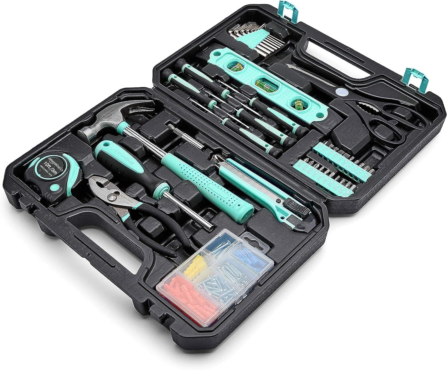 Amazon Basics Tool Kit with Storage Case, 142-Piece Household Tool Set for DIY Projects and Home Repairs, Turquoise