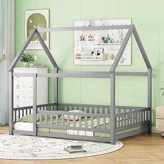 Bellemave Full Size House Bed Frame for Kids,Full Floor Bed,Wooden Montessori Floor Bed with Fence and Roof,Full Kids Bed Frame for Girls,Boys,Gray