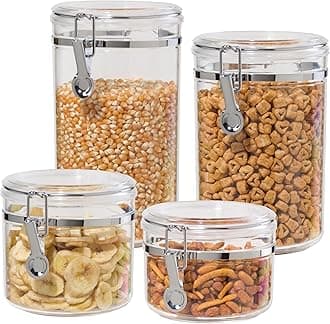 4pc Clear Canister Set with Clamp Lids Airtight Containers in Sizes Ideal for Kitchen & Pantry Storage of Bulk, Dry Foods Including Flour, Sugar, Coffee, Rice, Tea, Spices & Herbs