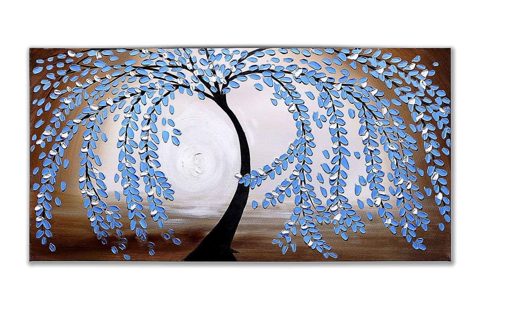 Mango Art Blue Leaves Stretched and Framed 100% Hand Painted Contemporary Floral Oil Paintings on Canvas Wall Art Ready to Hang for Living Room Bedroom Home Decorations Large