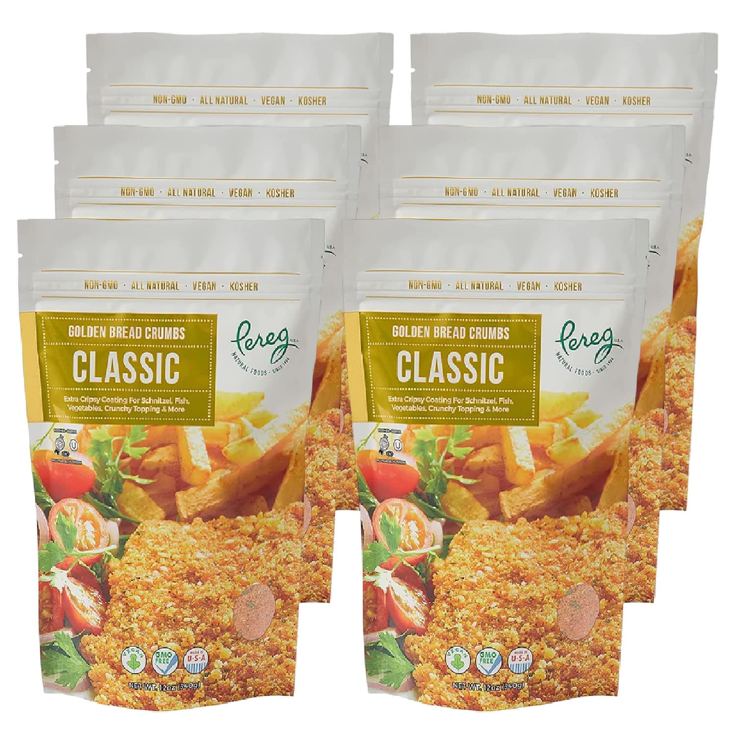 Pereg Bread Crumbs Classic (12 Oz x 6 Pack) – Crispy Breadcrumbs for Coating & Stuffing - Coat Burger, Schnitzel, Vegetables, Meatballs - Kosher Certified - Resealable Packaging