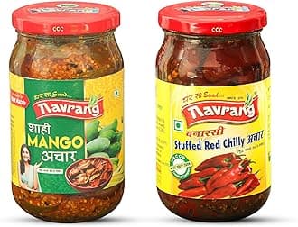 Navrang Homemade Combo of Shahi Mango Pickle, Aam ka Achar and Banarsi Stuffed Red Chili Pickle, lal mirch mirchi ka Bharwa Indian achar Less Oil Ghar sa Swad with Indian Taste - 400G each