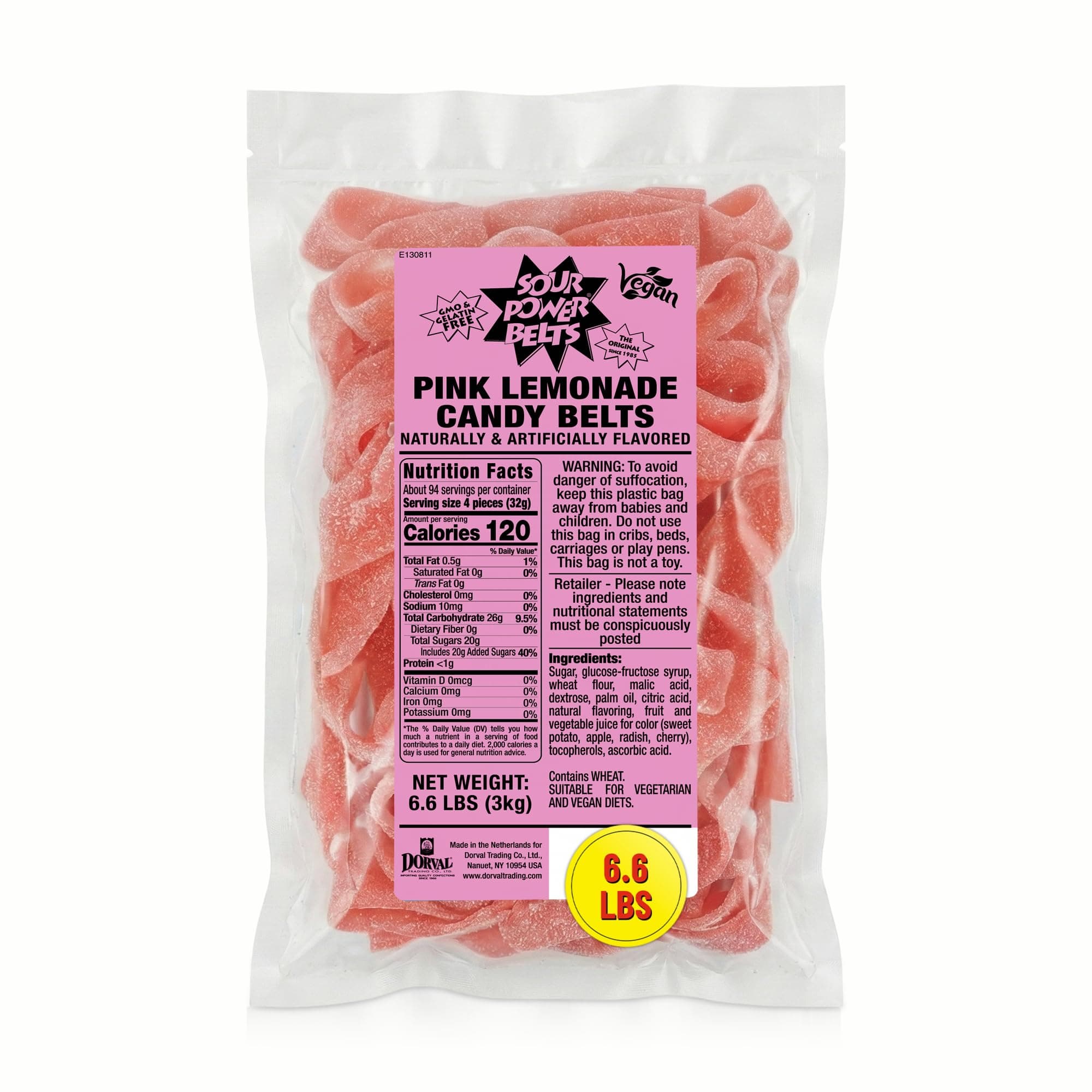 Sour Power Premium Candy Belts, Pink Lemonade, 6.6 lb