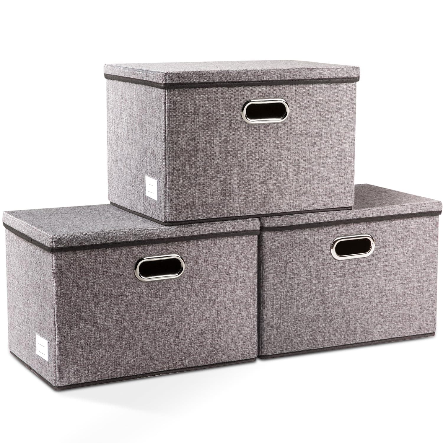 Prandom Storage Boxes with Lids Large,Collapsible Linen Fabric Storage Box,Decorative Bins,Really Useful Box,Clothing Storage,Stackable,45x30x30cm,Grey[3-Pack]