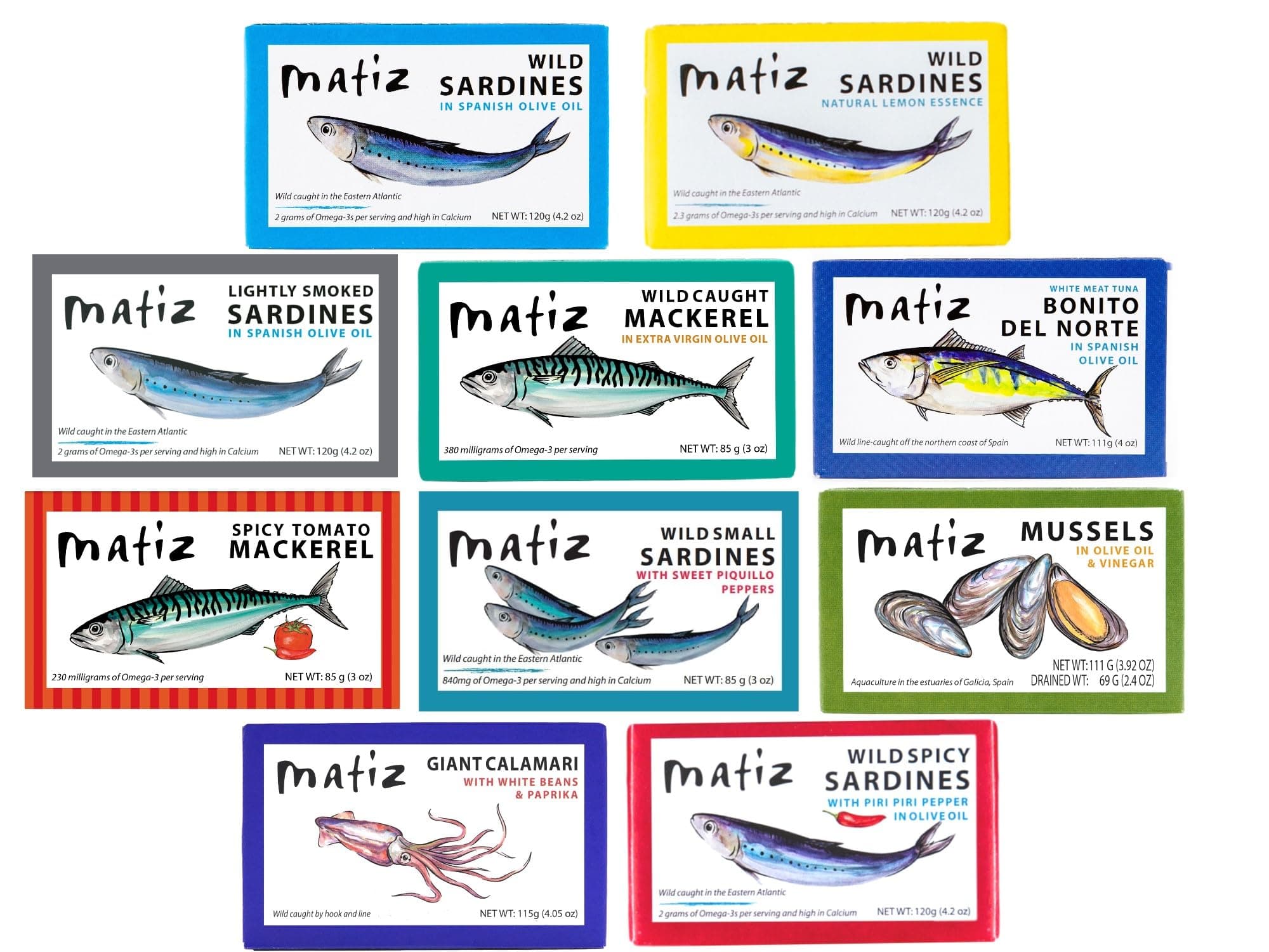 Seafood Variety Pack Sampler |10 pack|, 1 can each of Matiz Seafood Line