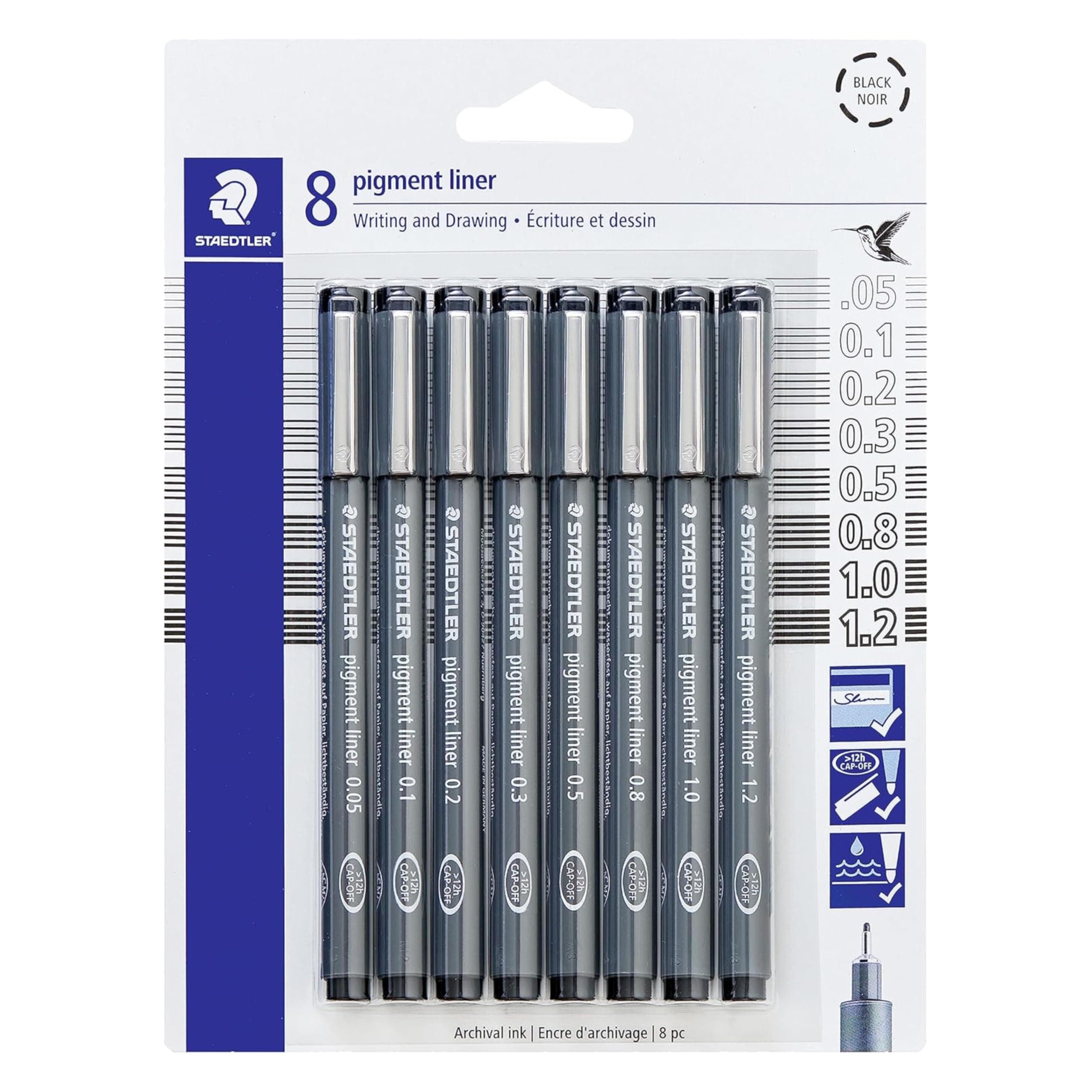 STAEDTLER Pigment Liner Pack, Black, 8 Pens, Assorted Line Widths, 0.0002, 0.0007, 0.001, 0.01, 0.02, 0.012, 0.03, 0.030, 0.030, 0.030, 0.031, 0.045, 0.045, 0.039, 0.0