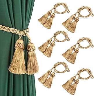 Fenghuangwu Curtain Tiebacks Handmade Decorative Curtain Holdbacks Rope with Tassel (Gold, 6P)