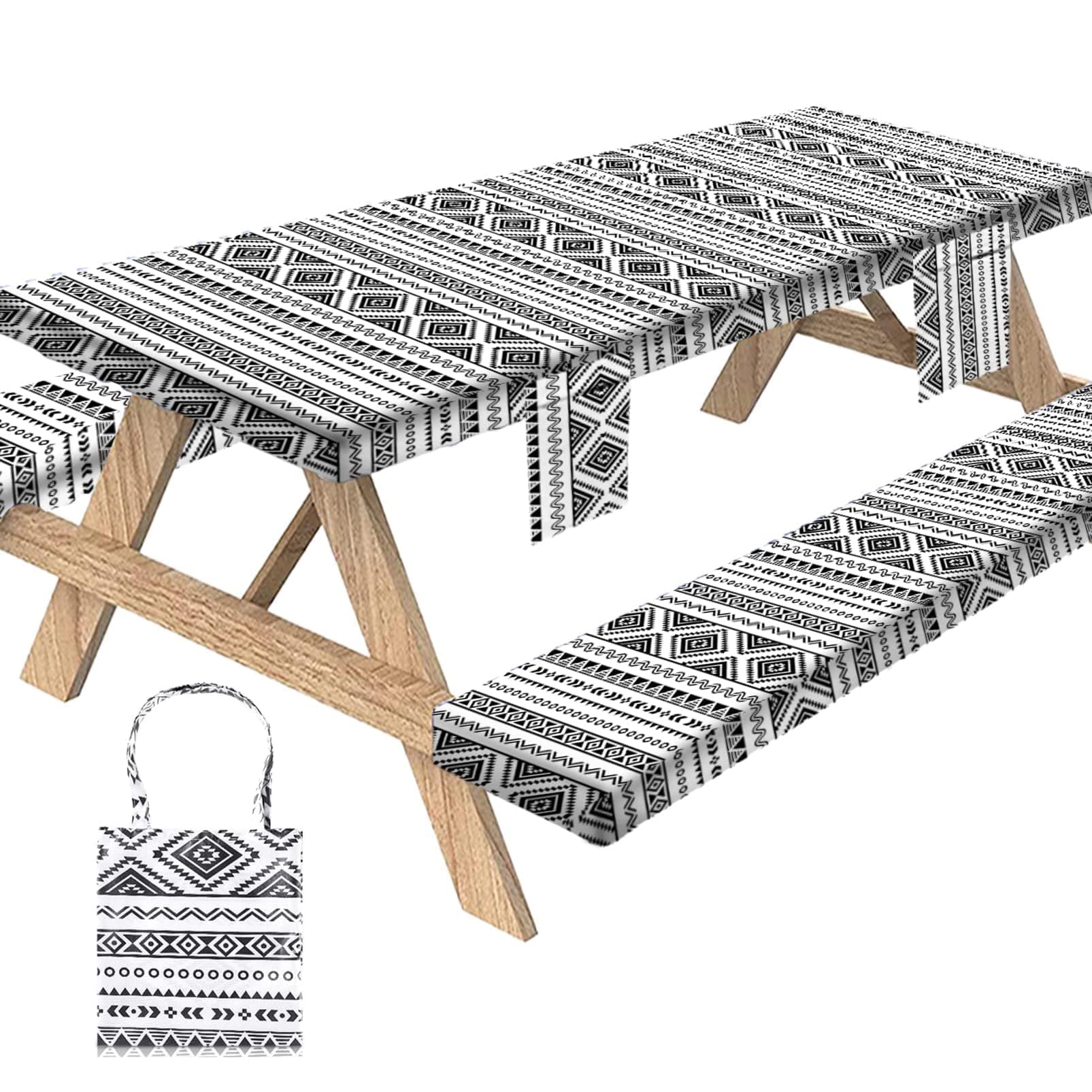 Picnic Table Cover with Bench Covers 3 Piece Set Elastic Fitted Rectangle Tablecloths Camp Tables Seat Cloth Polyester Oilcloth Vinyl Clothes for Outdoor Waterproof Camping 72x30 Inches Boho