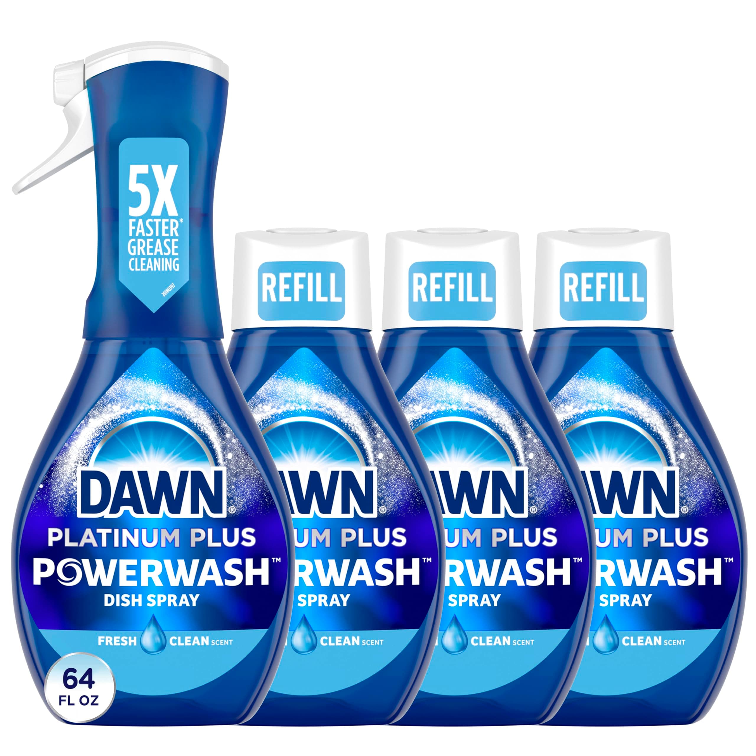 Powerwash Spray, Dish Soap, Dishwashing Liquid, Fresh, 1 Starter Kit + 3 Refills, 4x16 Fl Oz