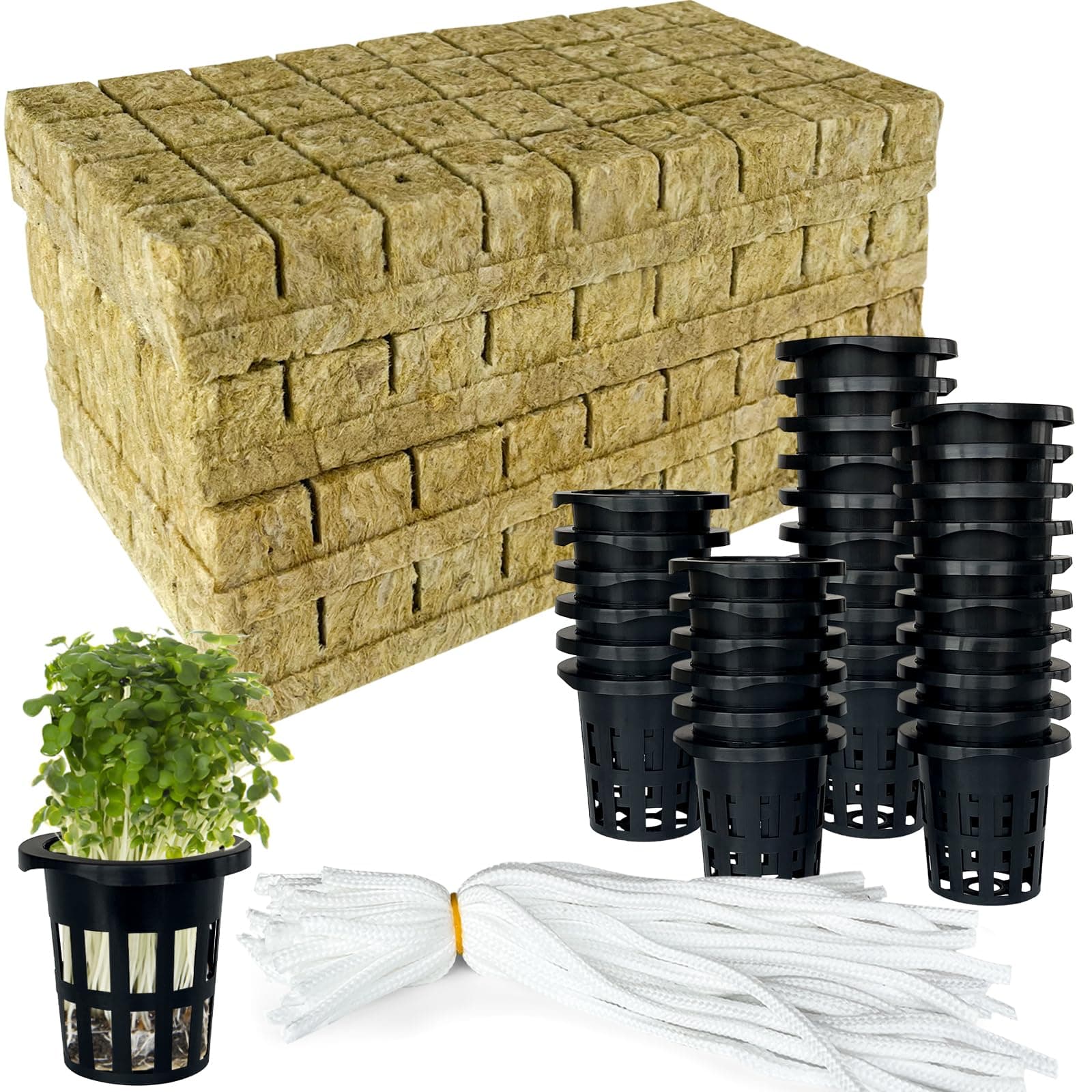 72 Pcs 1" Rockwool Cubes with 25 Net Cups and 25 Self-Watering Cotton Cord for Hydroponics Great Kratky Hydroponics Kit for Soilless Cultivation Cloning Plants Starting Seeds