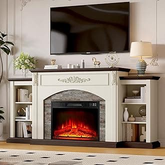 72" Electric Fireplace with Mantel, White TV Stand for TVs Up to 80 Inch, Farmhouse Entertainment Center with Storage for Bedroom,23'' Fireplace Insert Heater for Living Room