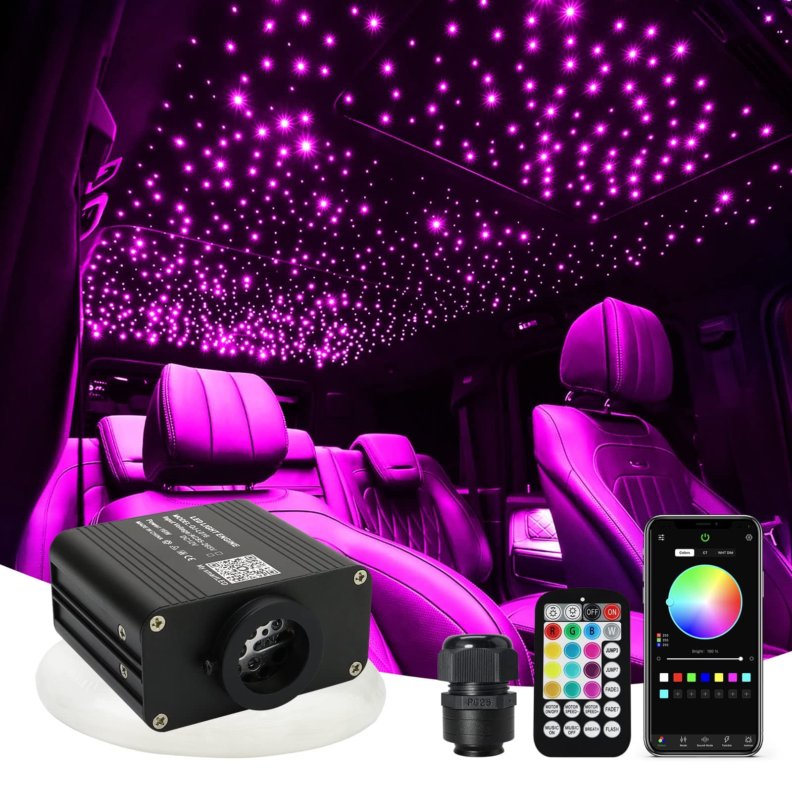 AMKI 16W Fiber Optic Star Ceiling Light Kit with Bluetooth Control, Music Mode, Sound Sensor, Smart Remote App, Control with 600pcs 0.75mm/0.03inch, Strands