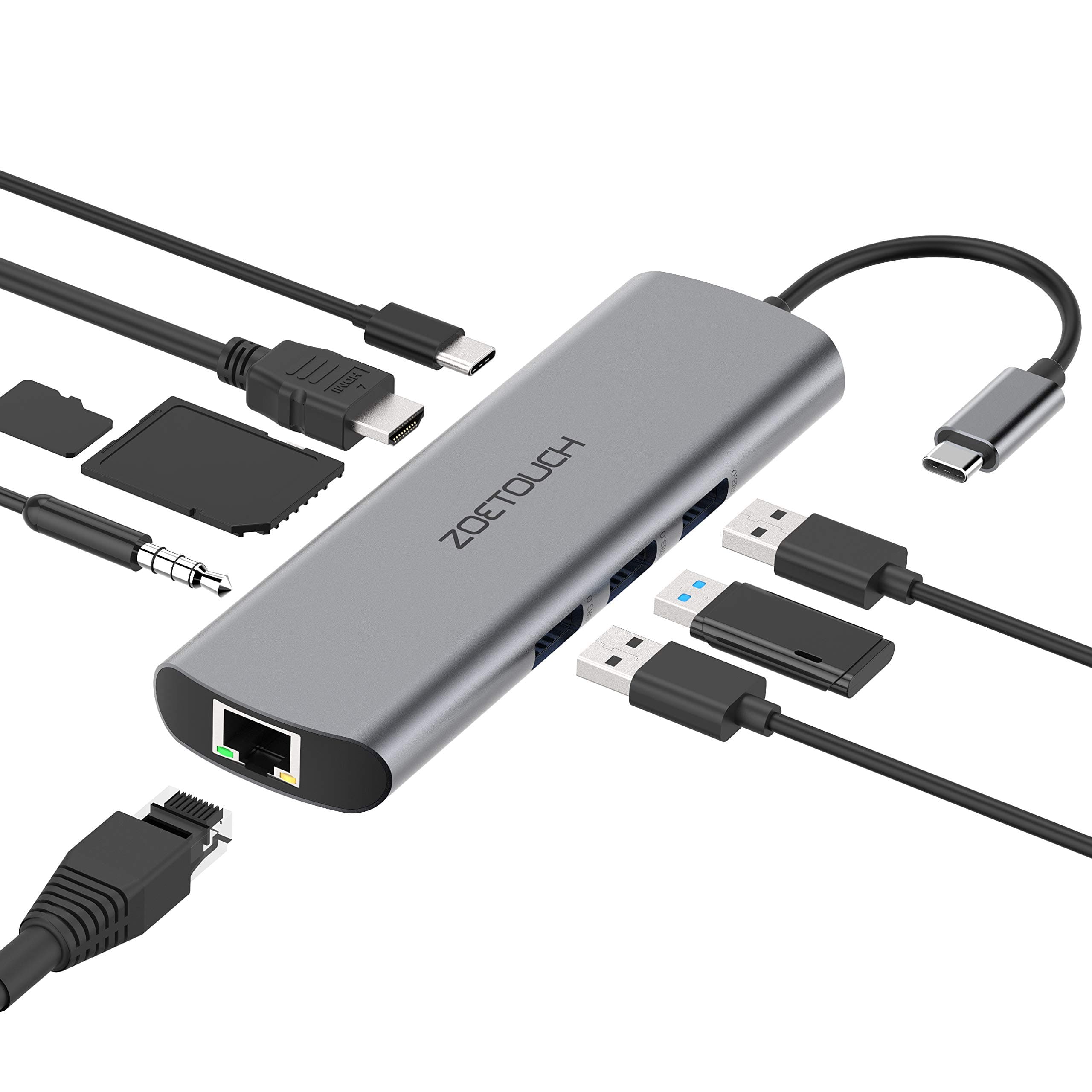 USB C Hub, ZOETOUCH 9-in-1 Type C Hub with Ethernet, 4K HDMI, 3 USB3.0, PD Type C Charging Port, Micro SD/TF Card Reader, Mic/Audio for for MacBook, ChromeBook More and Other Type C Laptops