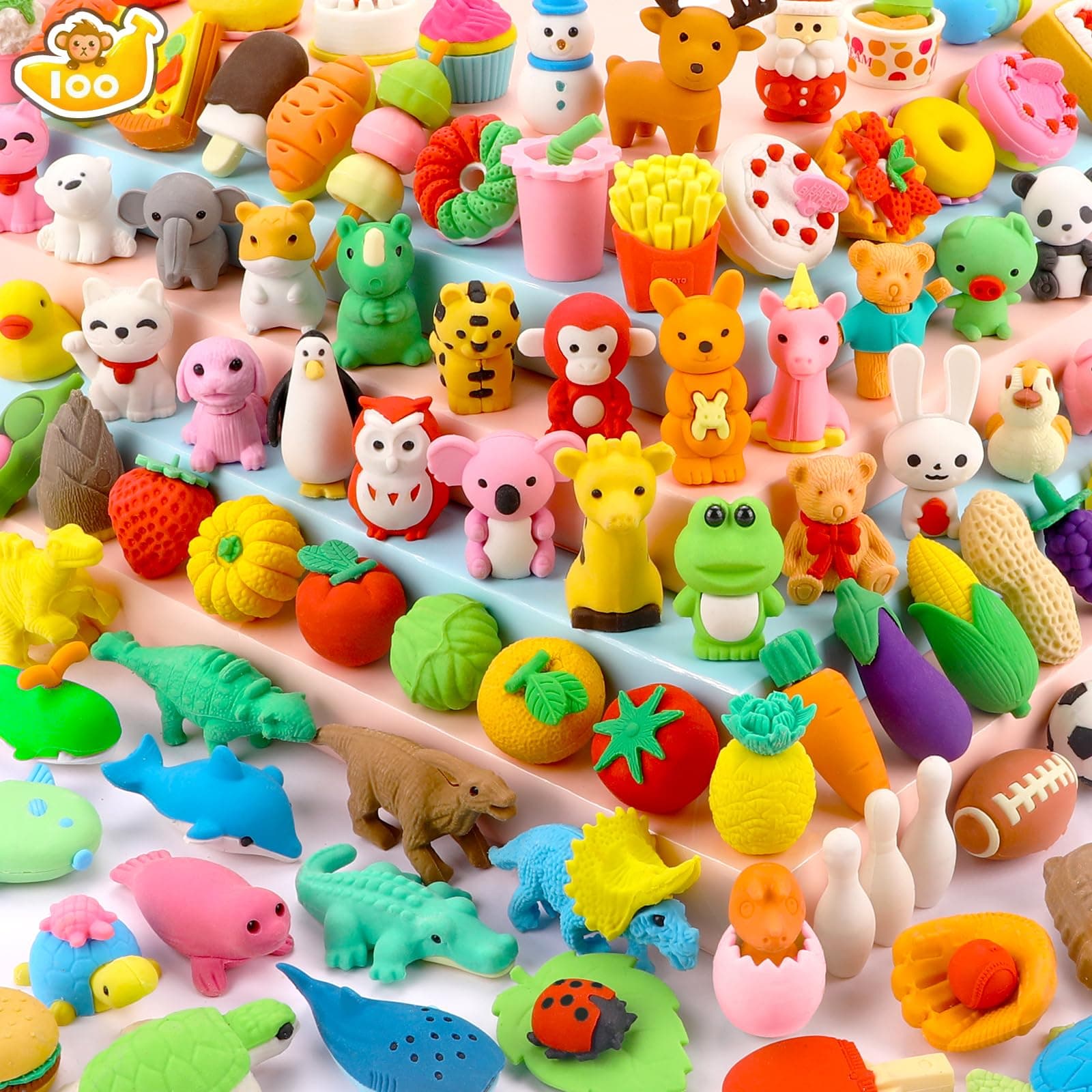 100 Pack Animal Erasers for Kids Bulk Pull Apart 3D Puzzle Erasers Classroom Rewards and Prizes Class Treasure Box Kids Party Favors Back to School Supplies