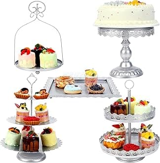 ZUMELER 5Pcs Silver Cake Stand Set, Metal Cupcake Stand Desser Table Tired Tower Cupcake Display Stands Serving Tray Platter With Handle For Wedding Baby Shower Birthday Tea Party