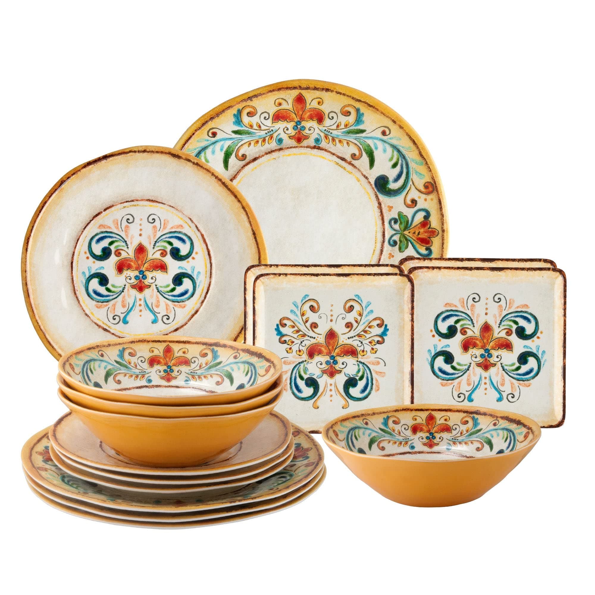 Supreme Housewares 16-Piece Melamine Dinnerware Set, Includes Dinner Plates, Salad Plates, Dessert Plates, Bowls, Service for 4. (Tuscany)